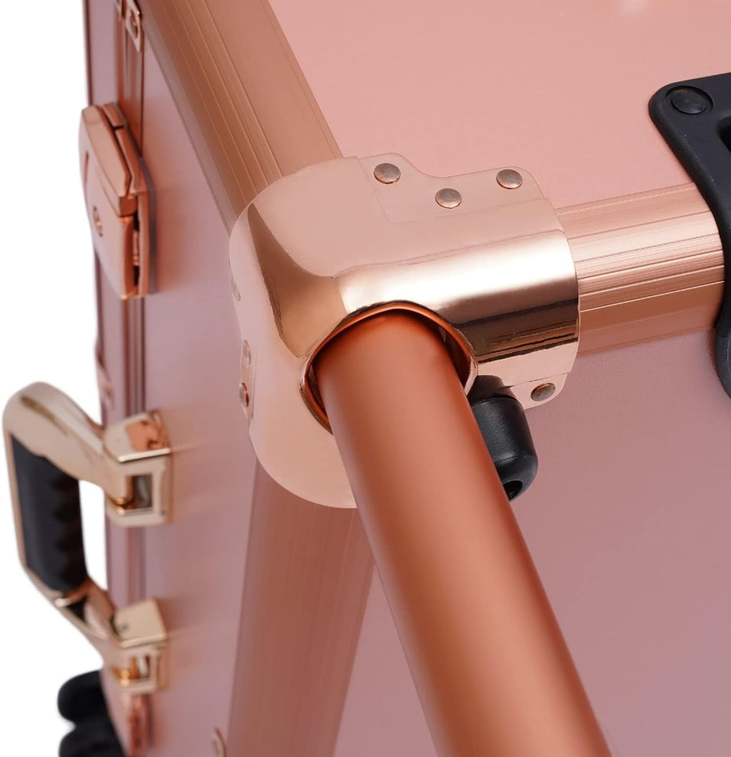Make-Up Case, Cosmetic Train Table with 4 Rolling Wheels & Lights & Mirror, Pro Make-Up Station, Cover Panel and Easy-to-Clean Extendable Trays, Adjustable Legs, Robust (Rose Gold)