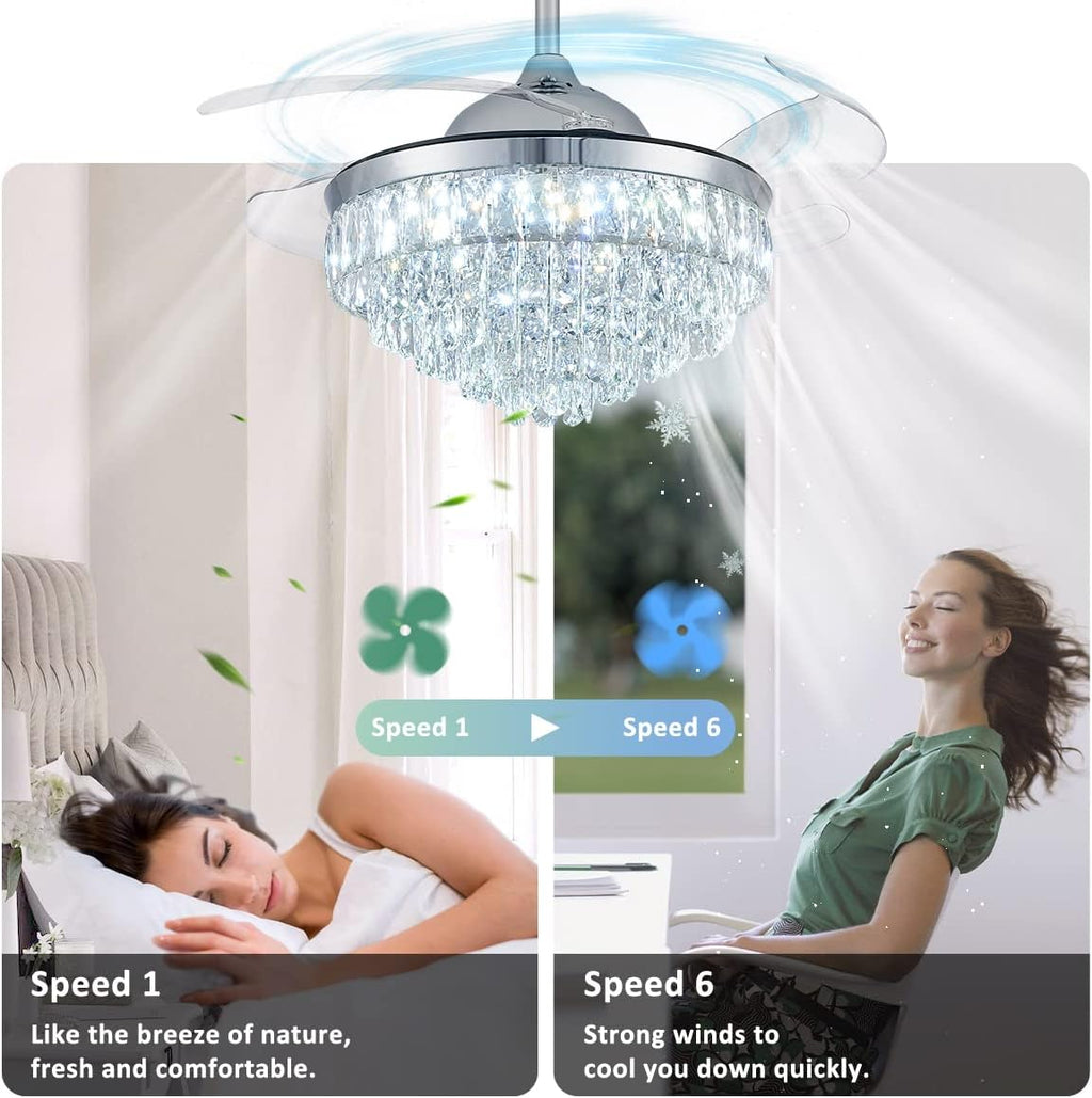 CLAIRDAI 42'' Modern Crystal Fandelier Ceiling Fan with Lights, Dimmable LED Chandelier Fan, Retractable Blades, Remote Control, 6-Speed Quiet Motor with Timer for Bedroom Living Room Dining Room