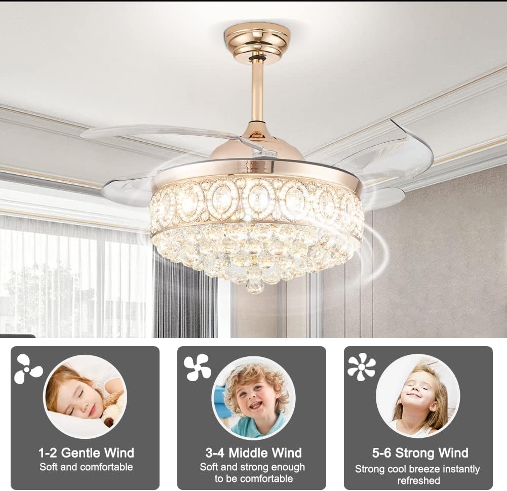 FRIXCHUR 42″ Dimmable Gold Crystal Chandelier Ceiling Fan Modern LED Fandelier Flush Mount Ceiling Fan with Lights and Remote, 6 Speed 3 Color Fans for Living Room Bedroom