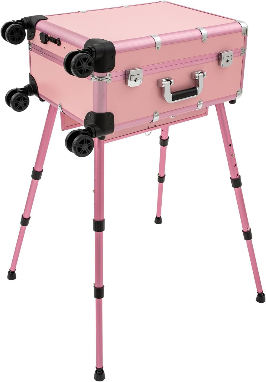 Rolling Makeup Case, Pink, Aluminum Trolley Makeup Train Case | LED Lights, Adjustable Legs, Lockable, Professional Cosmetic Organizer, Lighted Vanity Station