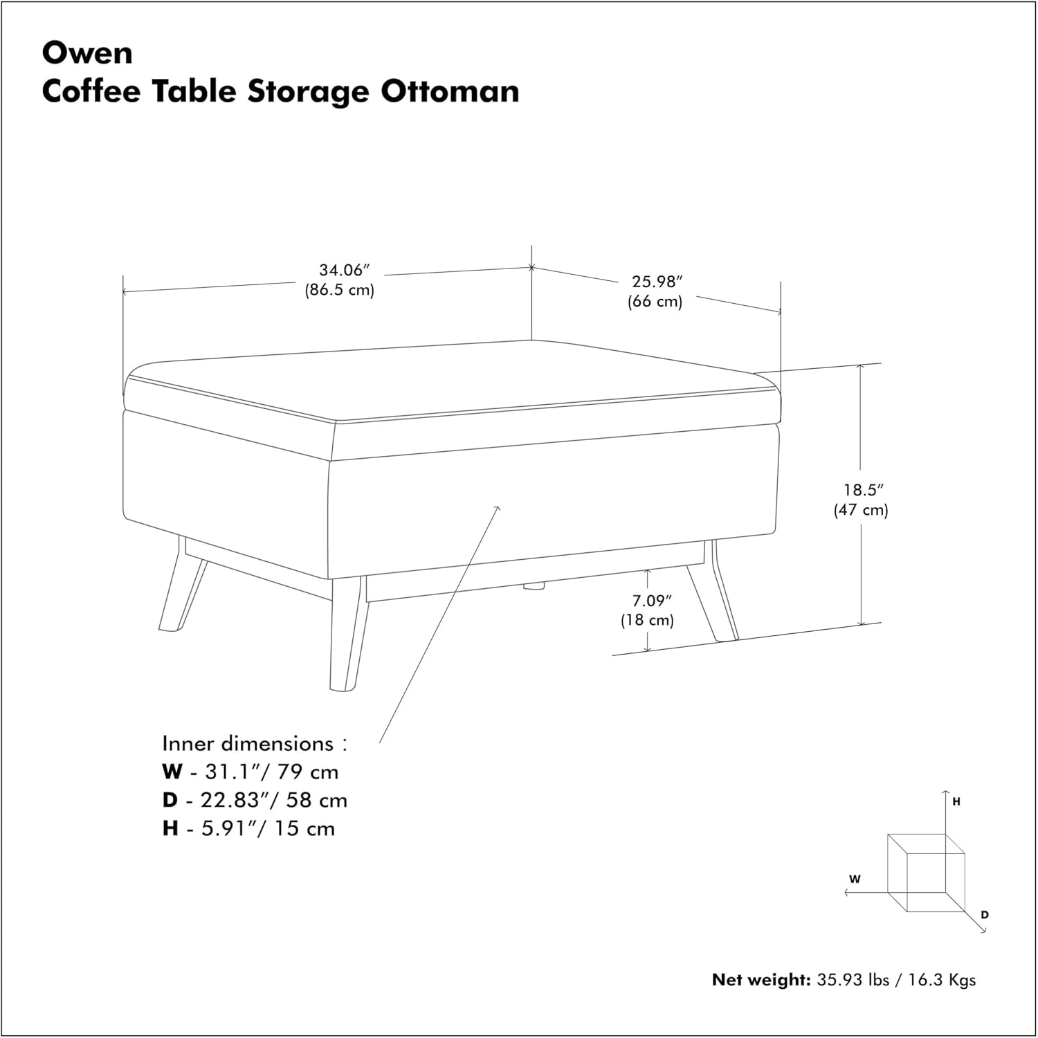 SIMPLIHOME Owen Coffee Table Storage Ottoman - 34' Wide x 19' High Upholstered Linen Look Fabric Rectangular Lift-Top Ottoman in Natural, Mid-Century Modern Bench for Living Room with Tapered Legs