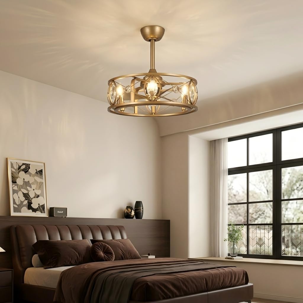 22-Inch Antique Brass Crystal Caged Ceiling Fan with Lights and Remote, Modern Drum Fandelier with Reversible AC Motor, Luxury Enclosed Flush Mount Ceiling Fan for Bedroom Living Room