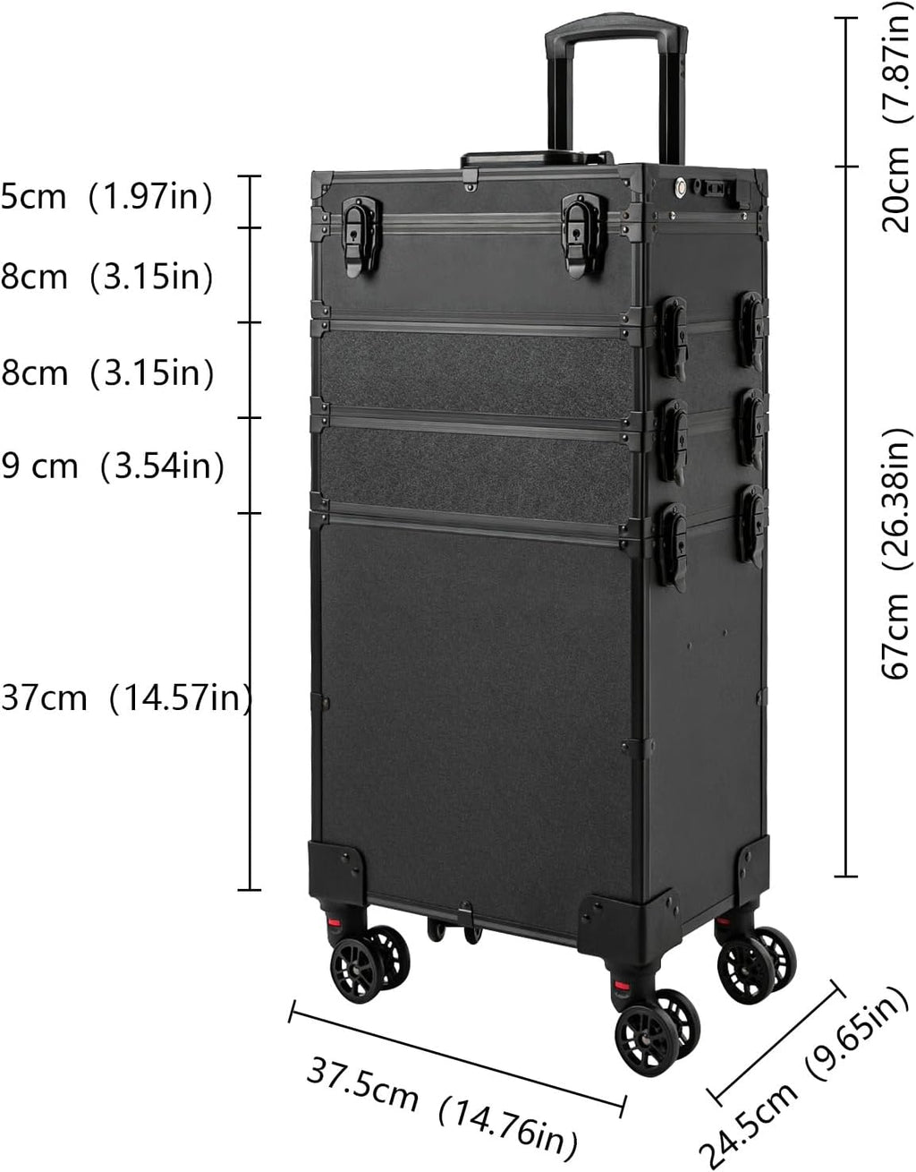 Rolling Makeup Case with Lighted Mirror, 5 in 1 Train Case on Wheels Large Beauty Salon Luggage Cosmetic Trolley for Cosmetology Nail Tech Hairstylist, Black