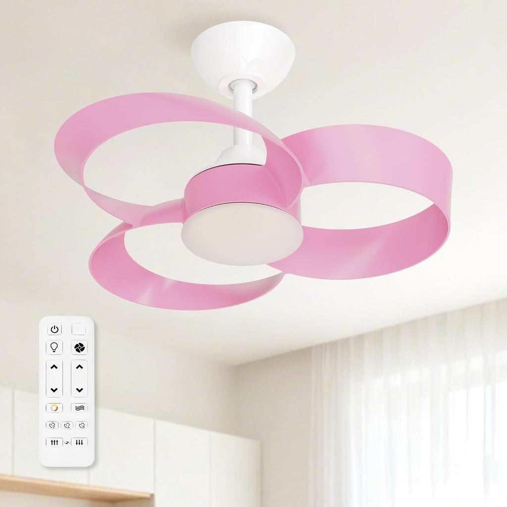 FANX 22 Inch Ceiling Fan with Light and Remote, Quiet DC Motor, Dimmable LED, Reversible 3-Speed Control, Easy Installation Downrod Fan for Small Rooms (Pink)