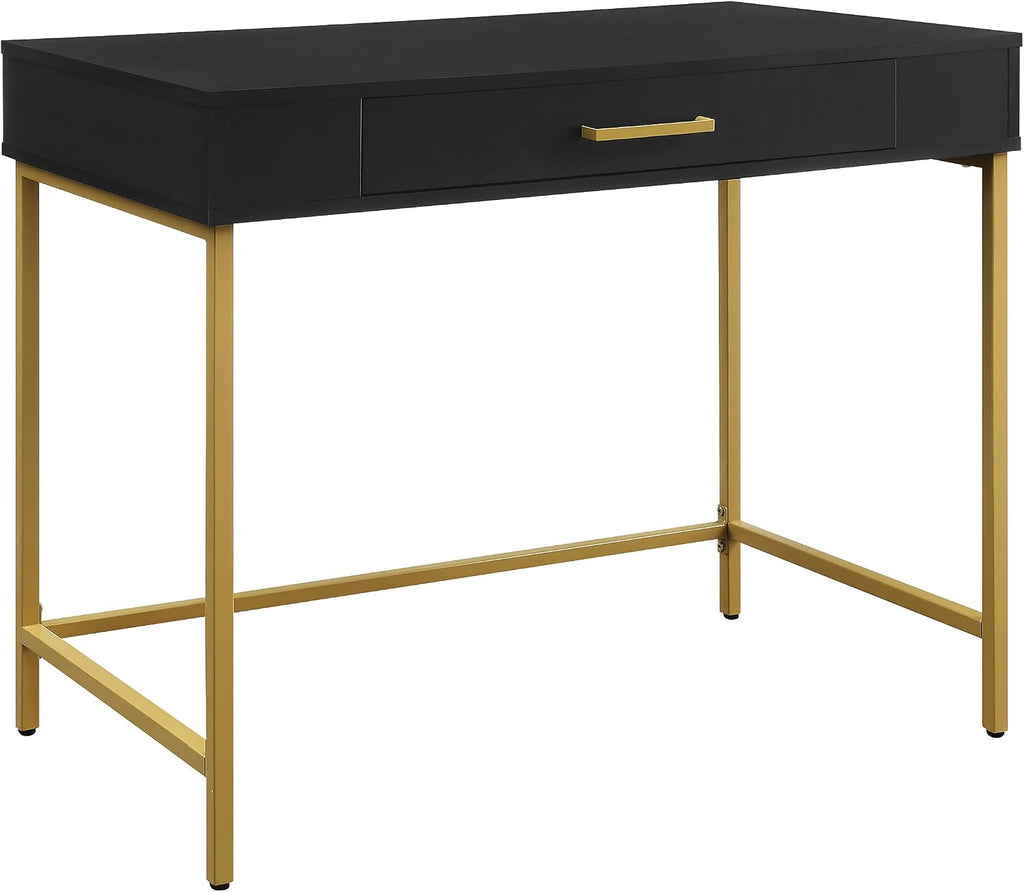 OSP Home Furnishings Modern Life Contemporary Writing Desk with Large Drawer and Gold Metal Legs, Black Finish