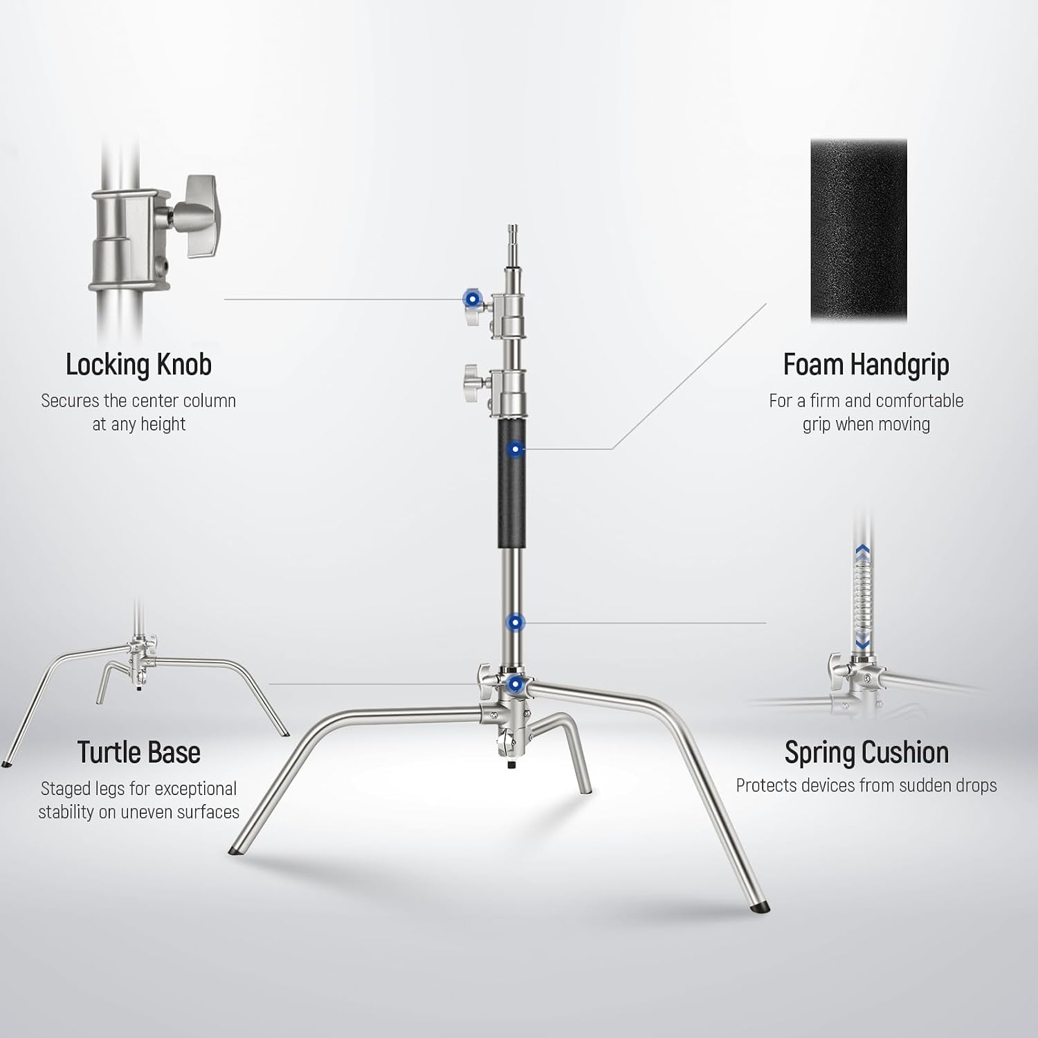 NEEWER Pro 100% Stainless Steel Heavy Duty C Stand with Boom Arm, Max Height 68'/172cm Photography Light Stand with 2.7ft/83cm Holding Arm, 2 Grip Head for Studio Monolight, Softbox, Reflector, SC172