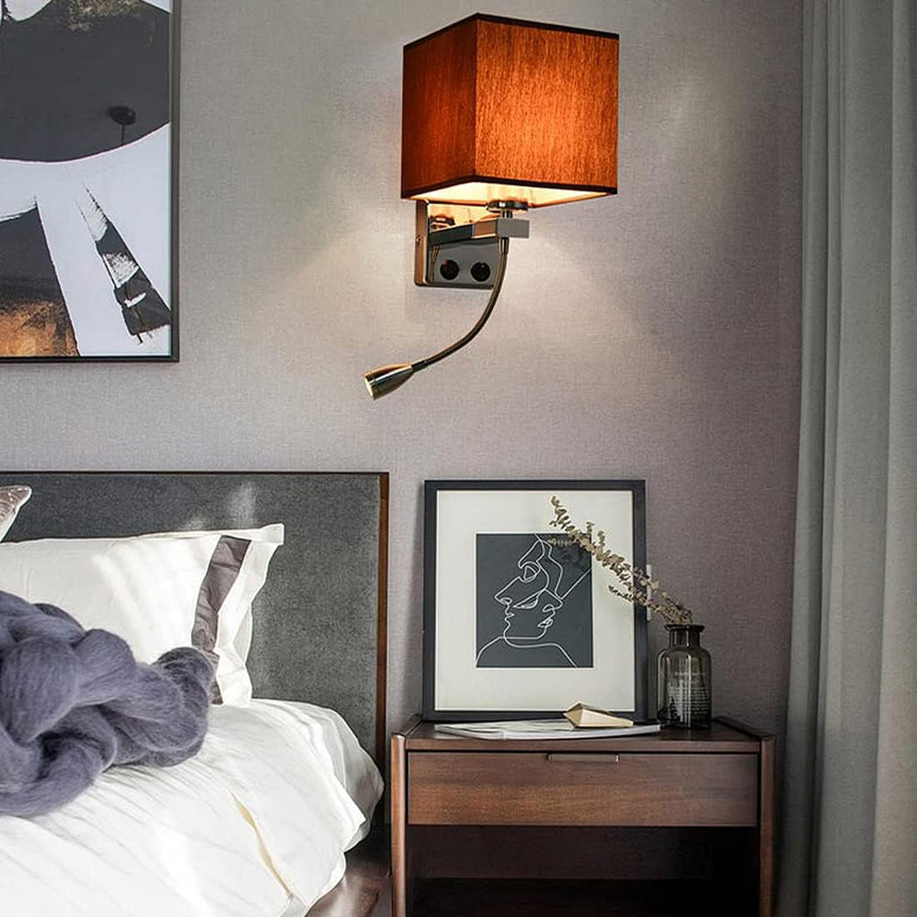 Wall Lamps with LED Reading Light, Bedside Sconce with Switch, Lamp Fabric Lampshade with 2 Points, Adjustable Indoor Spotlights, Brown