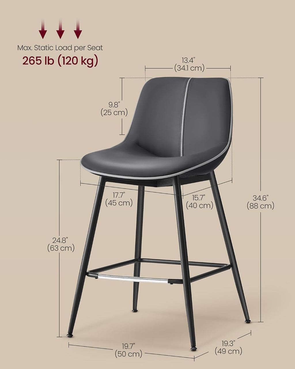 VASAGLE Bar Stools Set of 2, Counter Height Bar Stools with Back, Ergonomic Backrest, Synthetic Leather, Metal Legs, 24.8-Inch Tall Barstools for Kitchen Island Home Bar, Easy Assembly, Ink Black