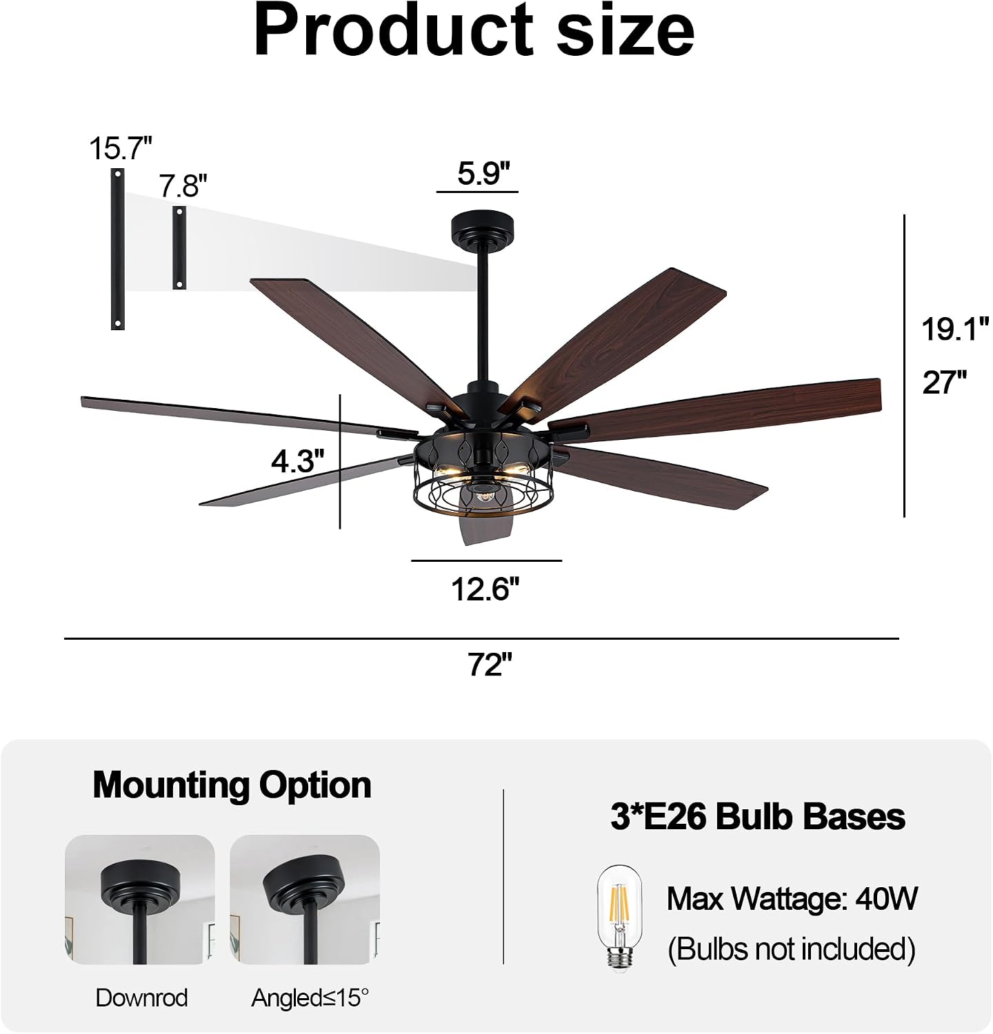 72 Inch Ceiling Fan with Lights Farmhouse Ceiling Fan with Lights Black Caged Fandelier Rustic Industrial Chandelier for Living Room Indoor Outdoor, Reversible DC Motor 6 Speeds