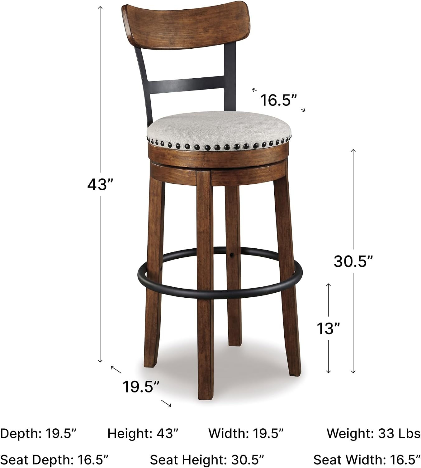 Signature Design by Ashley Valebeck Bar Stool, Rustic Industrial Swivel Barstool With Cushioned Upholstery, Wood & Metal Construction, Kitchen Island Seating, Counter Height, Black