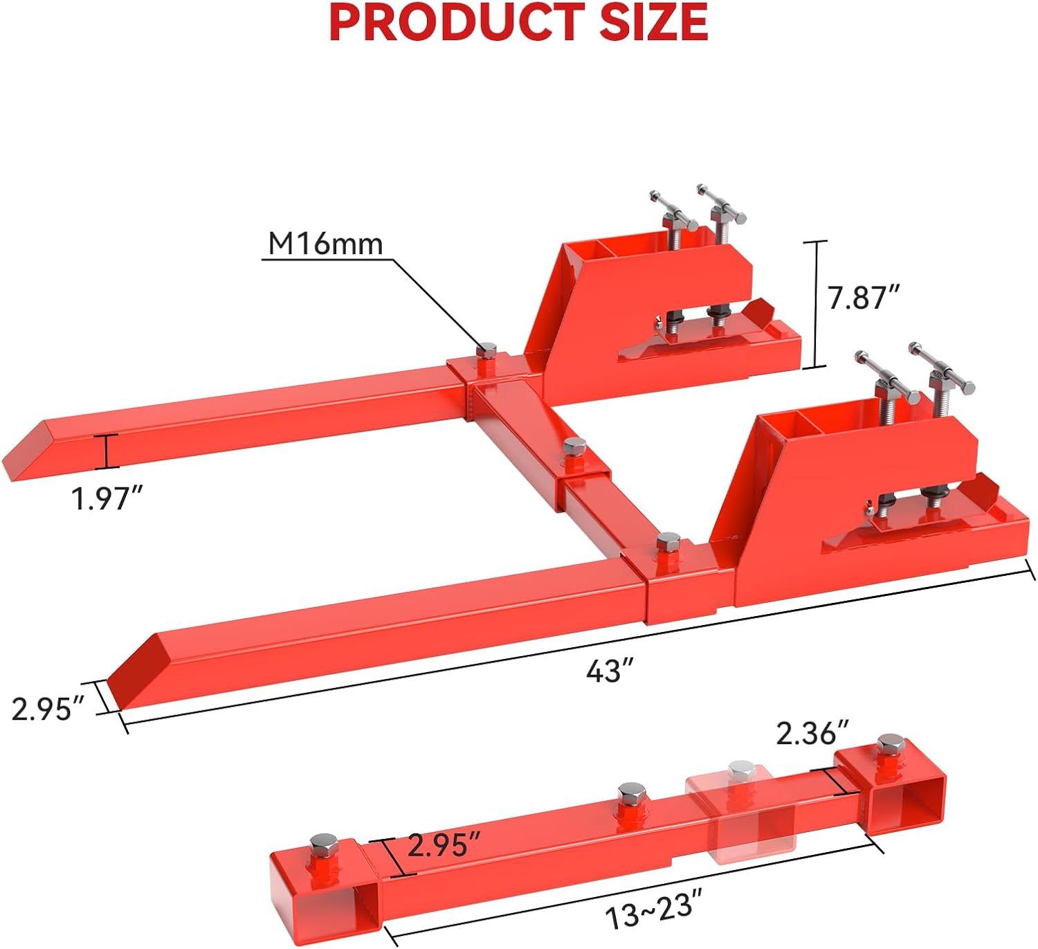 Upgraded 43' Tractor Bucket Forks,Clamp on Pallet Forks with Anti-Slip Tongue 2000LBS,Twin Screw Design,Adjustable Stabilizer Bar,Heavy Duty Skid Steer Pallet Forks for Tractor Bucket Loader, Red