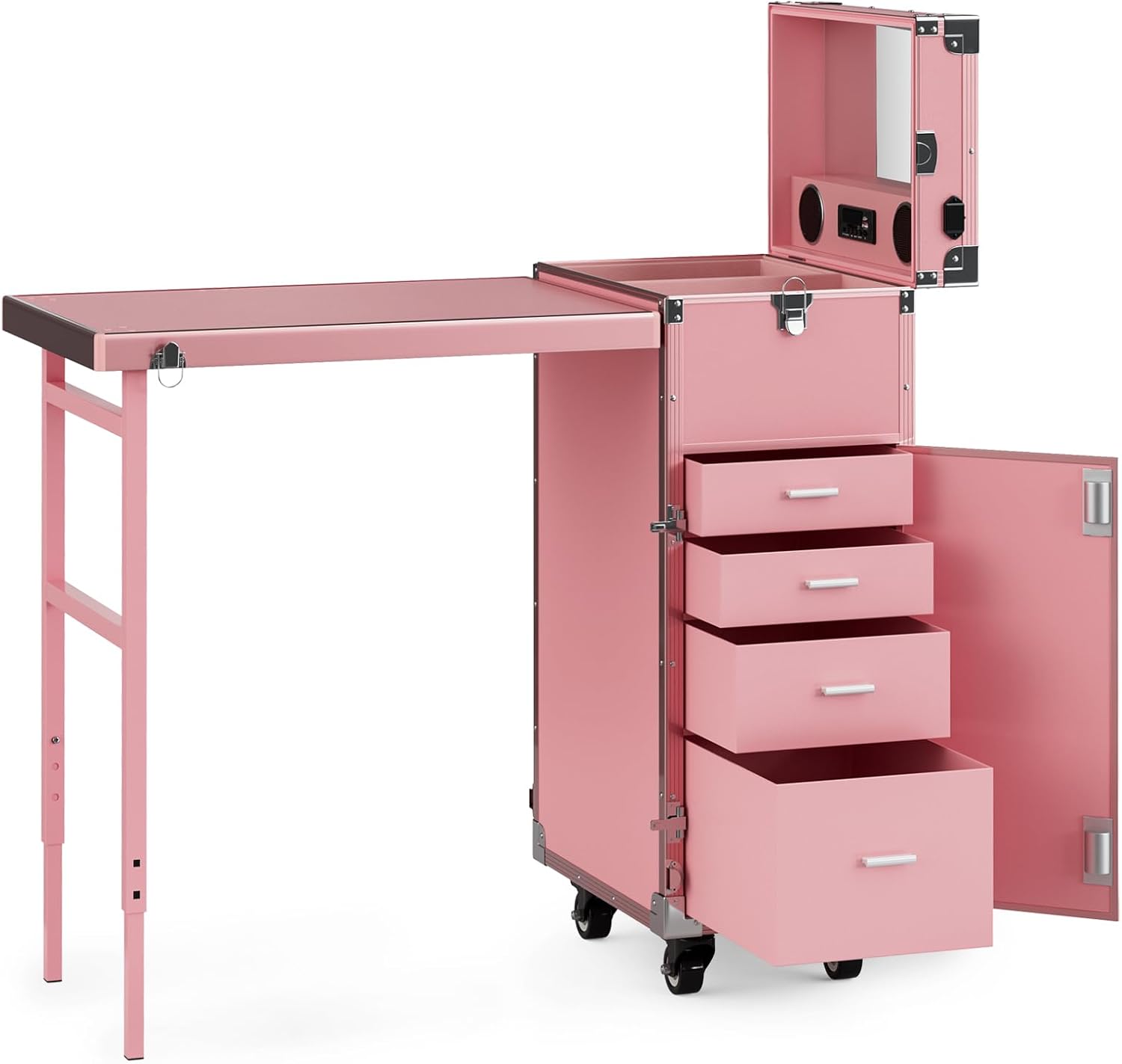 Icoget Portable Rolling Manicure Table for Nail Teach, Foldable Traveling Nail Desk w/Storage, Mobile Manicure Table w/Audio and Mirror, Makeup Train Case Cosmetic Trolley, Pink