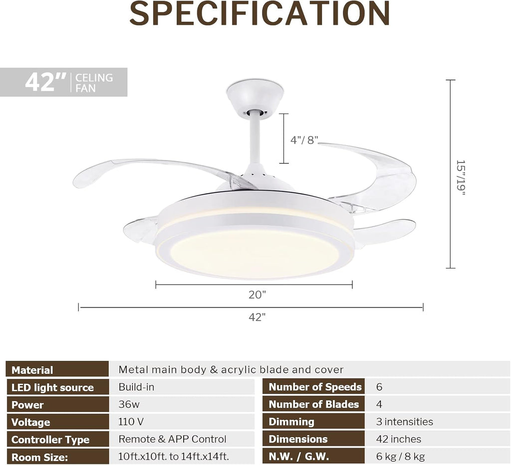 STERREN 42 Inch Retractable Ceiling Fans with Lights,Modern Bladeless LED Ceiling Fan Lights with Remote Control, Smart White Bedroom Ceiling Fan with Light