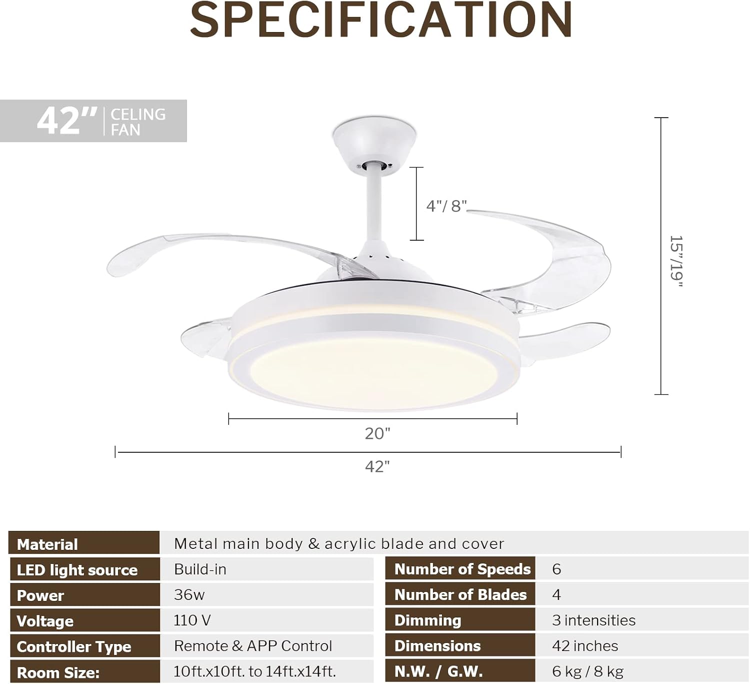 STERREN 42 Inch Retractable Ceiling Fans with Lights,Modern Bladeless LED Ceiling Fan Lights with Remote Control, Smart White Bedroom Ceiling Fan with Light