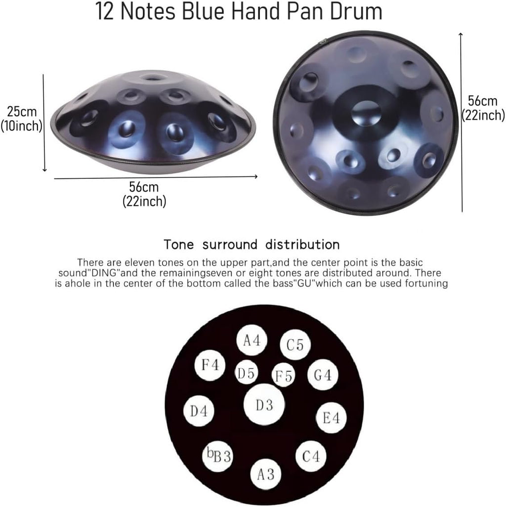 440HZ Steel Drum in 22Inch D Minor 12 Notes Hand Pan Drum Percussion Musical instrument with Soft Hand Pan Bag (12 Notes Blue Handpan)