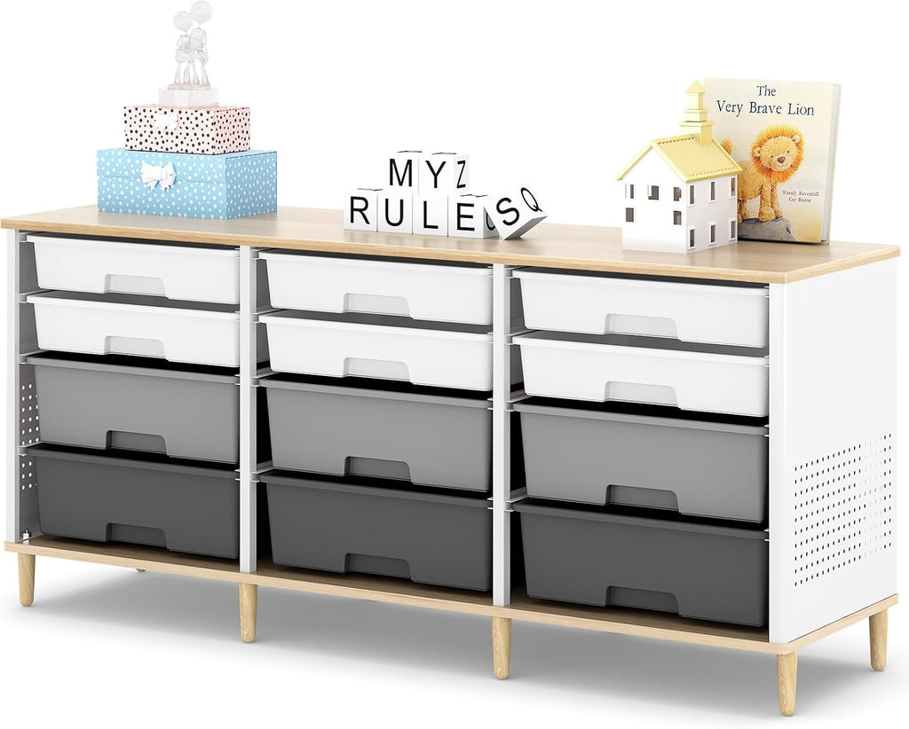 12 Drawers Storage Cabinet with Wooden Top and Plastic Bins, Toy Storage Organizer Toy Shelf Storage Chest Cubby Organizer for Home, Office, Playroom, Classroom & Craft Room Storage (Gradient Grey)