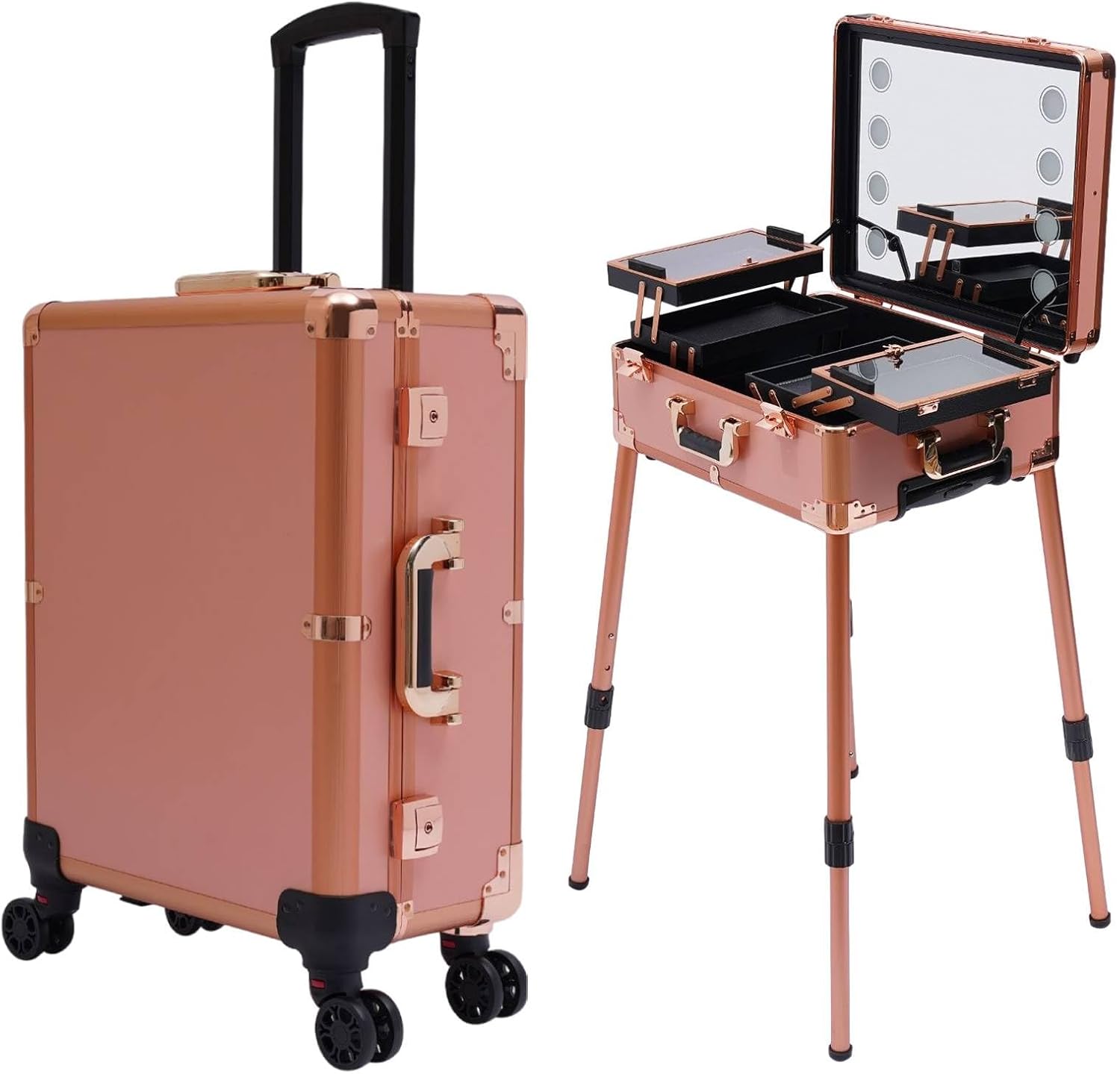 Rolling Makeup Case 22' Makeup Vanity Station with 8 LED Light Mirror, Make up Artist Free Standing Box with Lock, Professional Artist Cosmetic Organizer Studio with Adjustable Legs (Rose Gold)