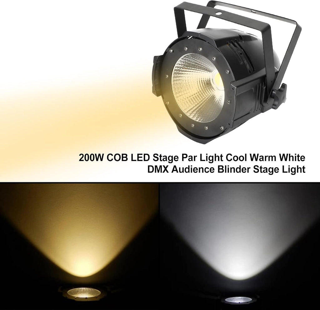 200W COB LED Stage Par Light with Barn Door, Spotlights Follow Spot DMX512 Cool & Warm White Audience Blinder, Sound Activated, Master/Slave 2in1 for DJ Concert Wedding Bar Events, Stage Lighting