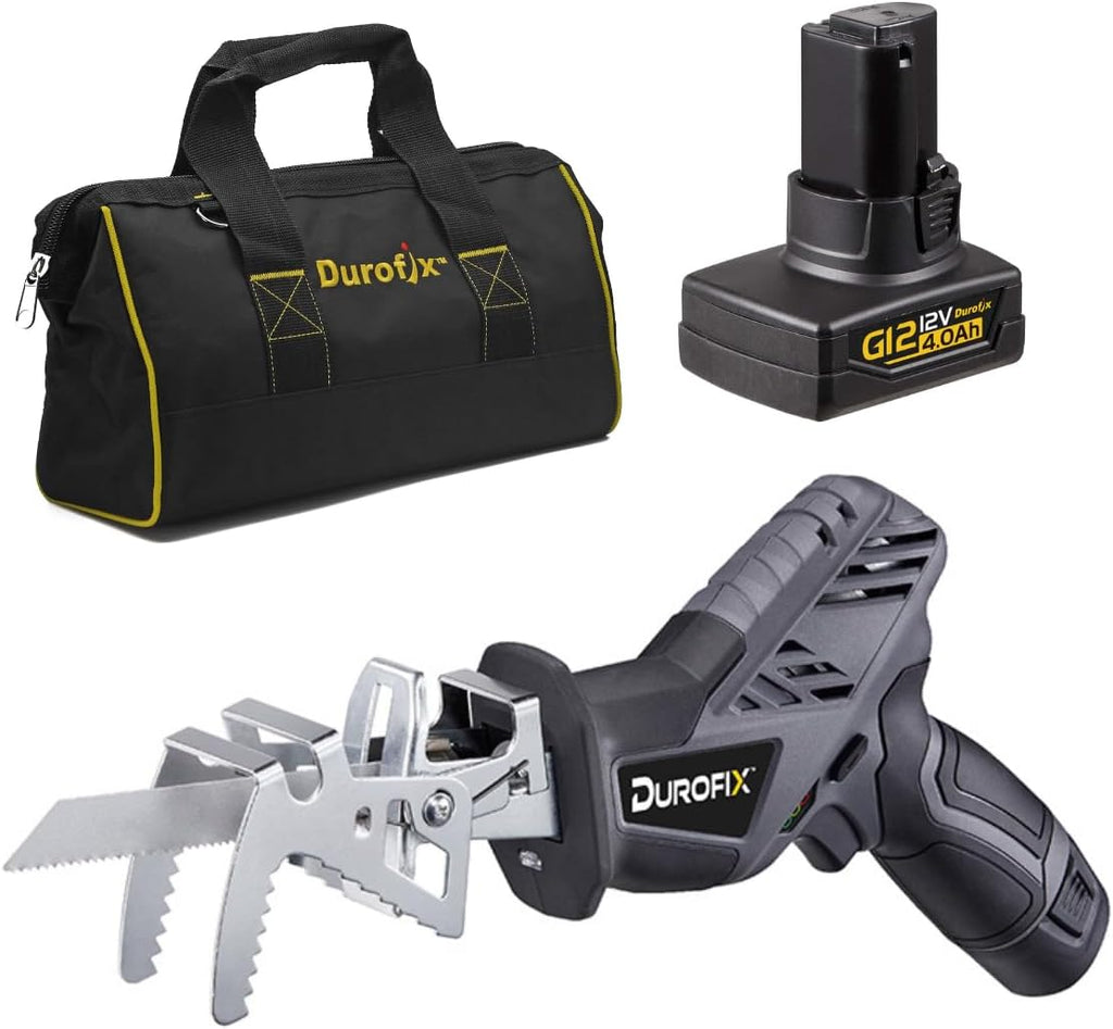 Durofix RJ1217-P2G G12 Series 12V Cordless Mini Reciprocating Saw Kit w/ 2 Batteries & Charger, 6-Interchangeable Saw Blades & Canvas Bag