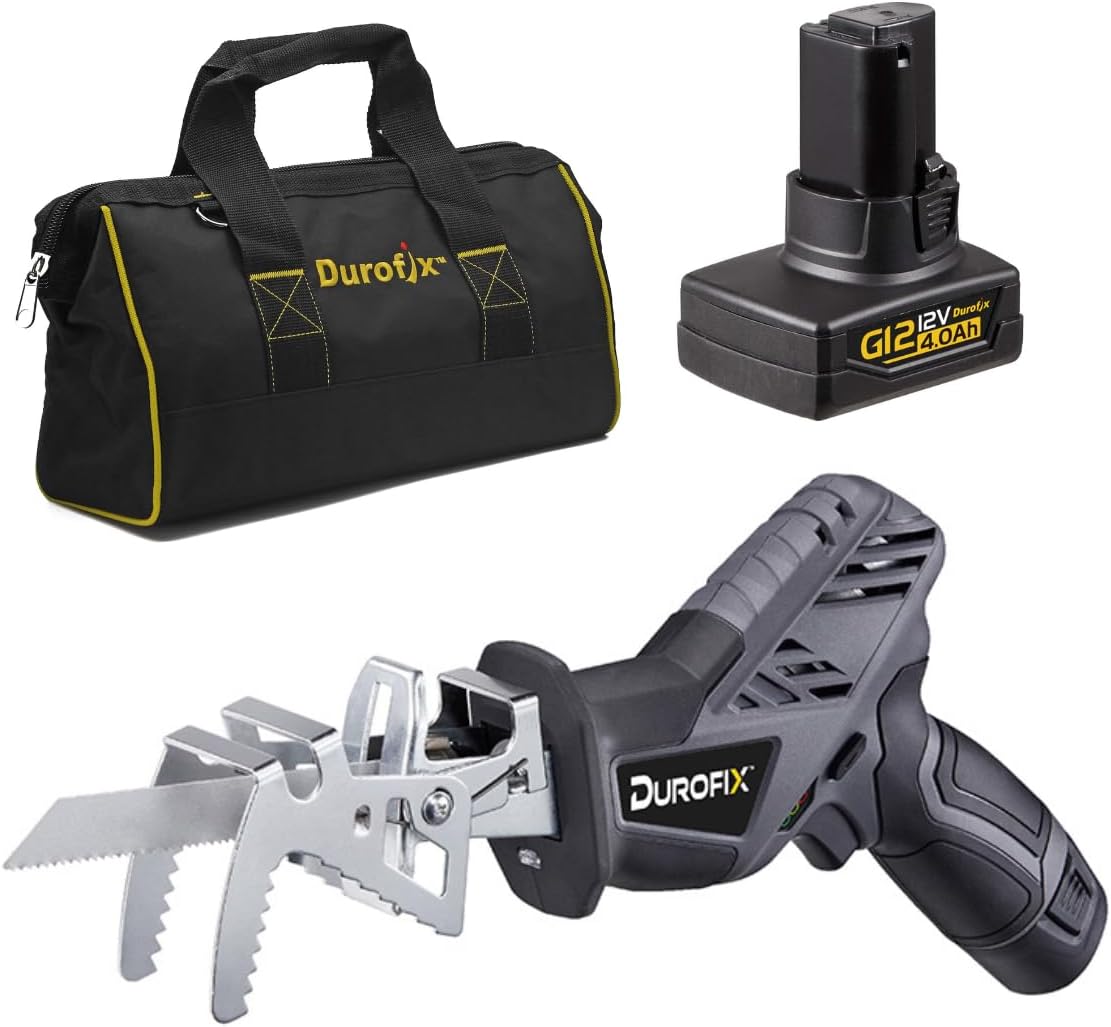 Durofix RJ1217-P2G G12 Series 12V Cordless Mini Reciprocating Saw Kit w/ 2 Batteries & Charger, 6-Interchangeable Saw Blades & Canvas Bag