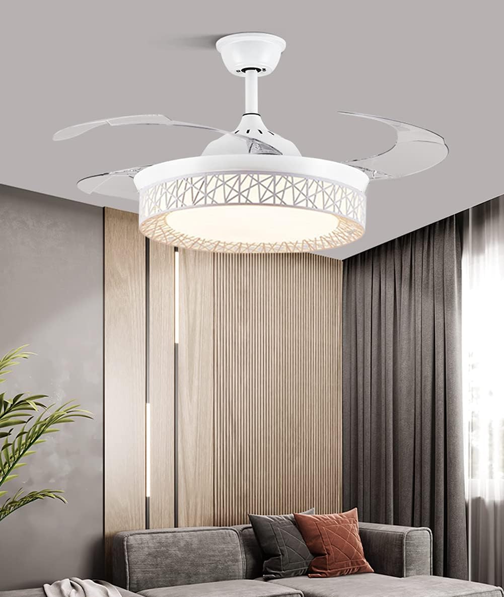 Fandian 42 Inch Modern Ceiling Fans with Light Retractable Blades LED Ceiling Fan 3 Color Change Lighting Chandelier with Remote Control (White)
