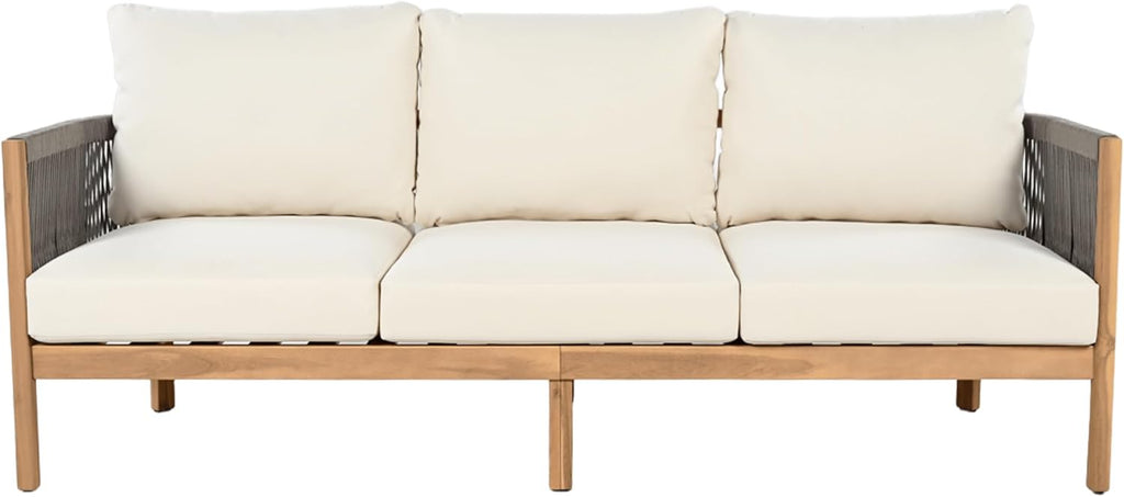 Christopher Knight Home Havets 5 Pieces Outdoor Acacia Furniture Set, Woven Rope Loveseat and Accent Club Chairs, 6' Thick Cushions Sofa and Coffee Table Set for Backyard Garden Balcony, Gray+Beige