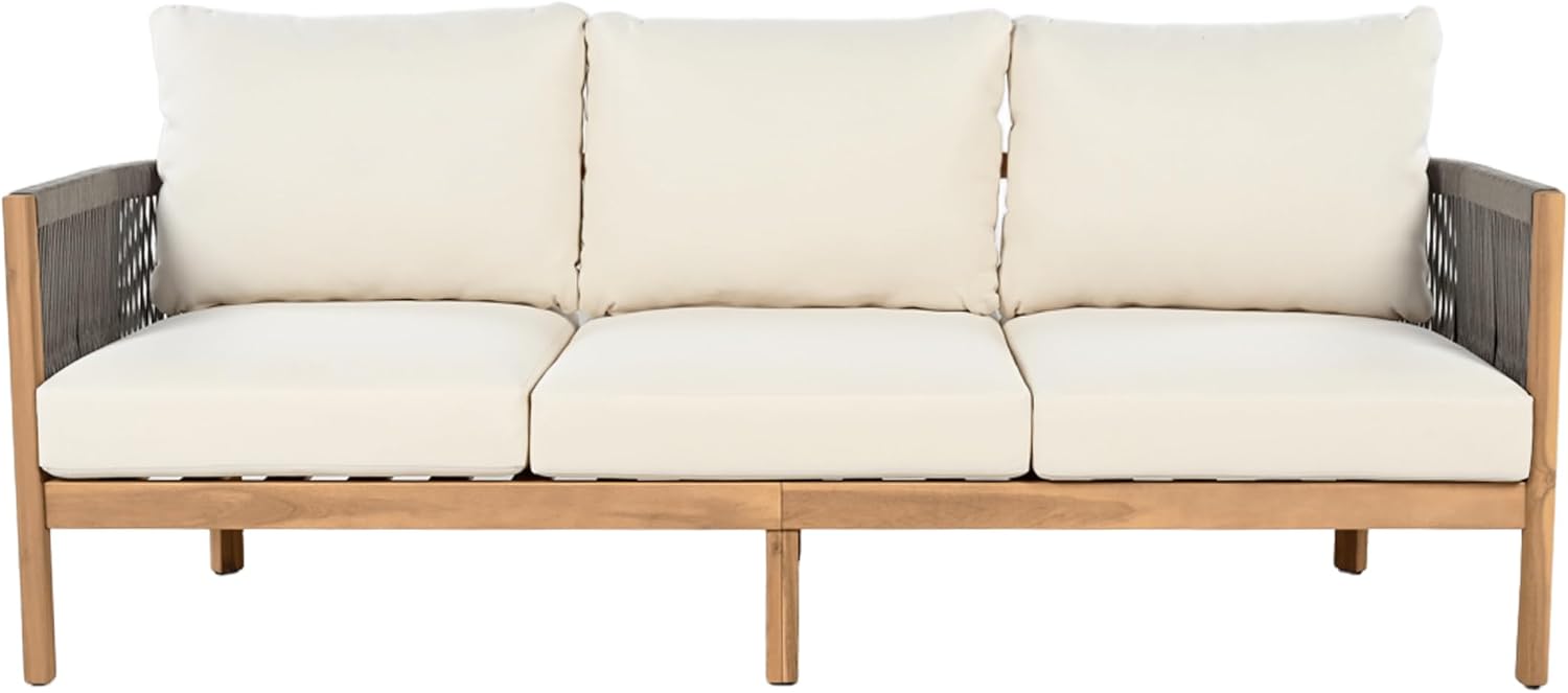 Christopher Knight Home Havets 5 Pieces Outdoor Acacia Furniture Set, Woven Rope Loveseat and Accent Club Chairs, 6' Thick Cushions Sofa and Coffee Table Set for Backyard Garden Balcony, Gray+Beige