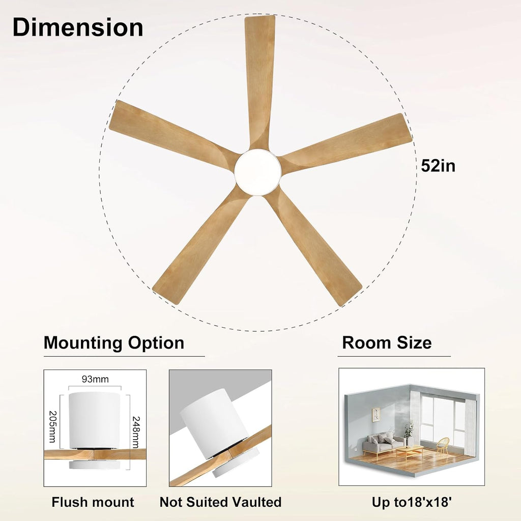 ELEHINSER 52 Inch Flush Mount Ceiling Fan with Lights, Low Profile Modern Ceiling Fan with Remote, Quiet DC Motor, 6-Speed, 3CCT,Timer, 5 Solid Wood Blades, White+Light Wood