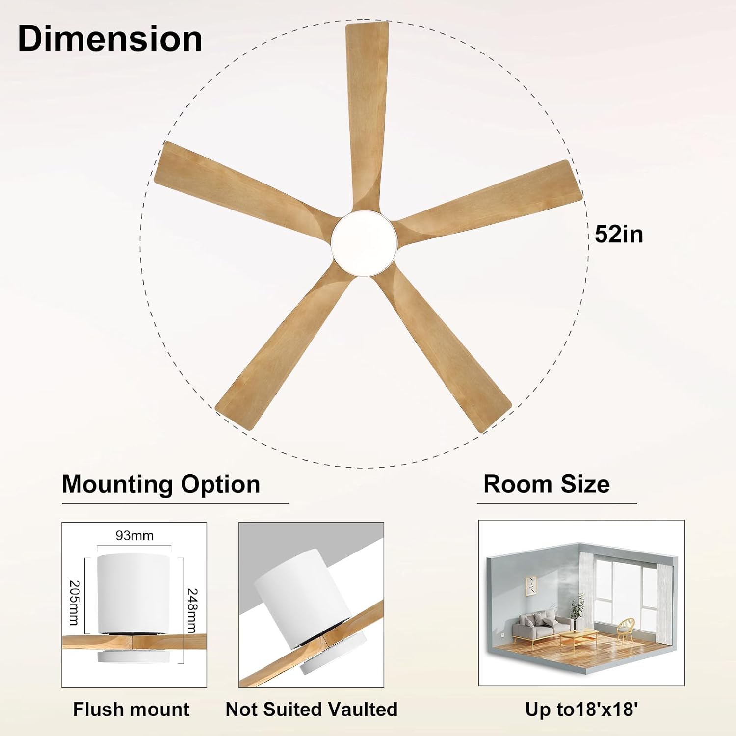 ELEHINSER 52 Inch Flush Mount Ceiling Fan with Lights, Low Profile Modern Ceiling Fan with Remote, Quiet DC Motor, 6-Speed, 3CCT,Timer, 5 Solid Wood Blades, White+Light Wood