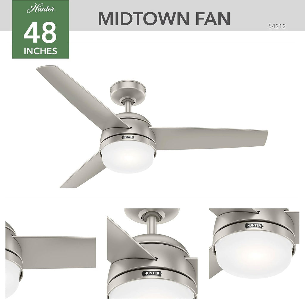 Hunter 48 inch Indoor Ceiling Fan with LED Light and Remote Control - Standard Mount Ceiling Fan, 3 Blades, For Bedroom, Living Room, or Kitchen, Quiet - Midtown 54212, Matte Nickel