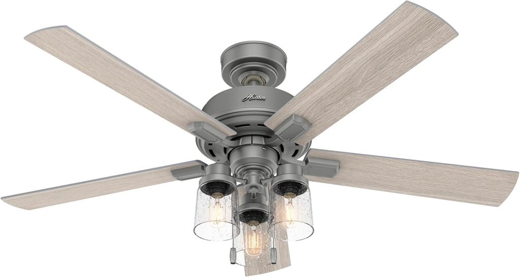 Hunter 52 inch Indoor Ceiling Fan with LED Lights - Ceiling Fan with Pull Chain, For Bedroom, Living Room, or Kitchen, Standard Mount, No Remote, 5 Blades - Hartland 50651, Matte Silver