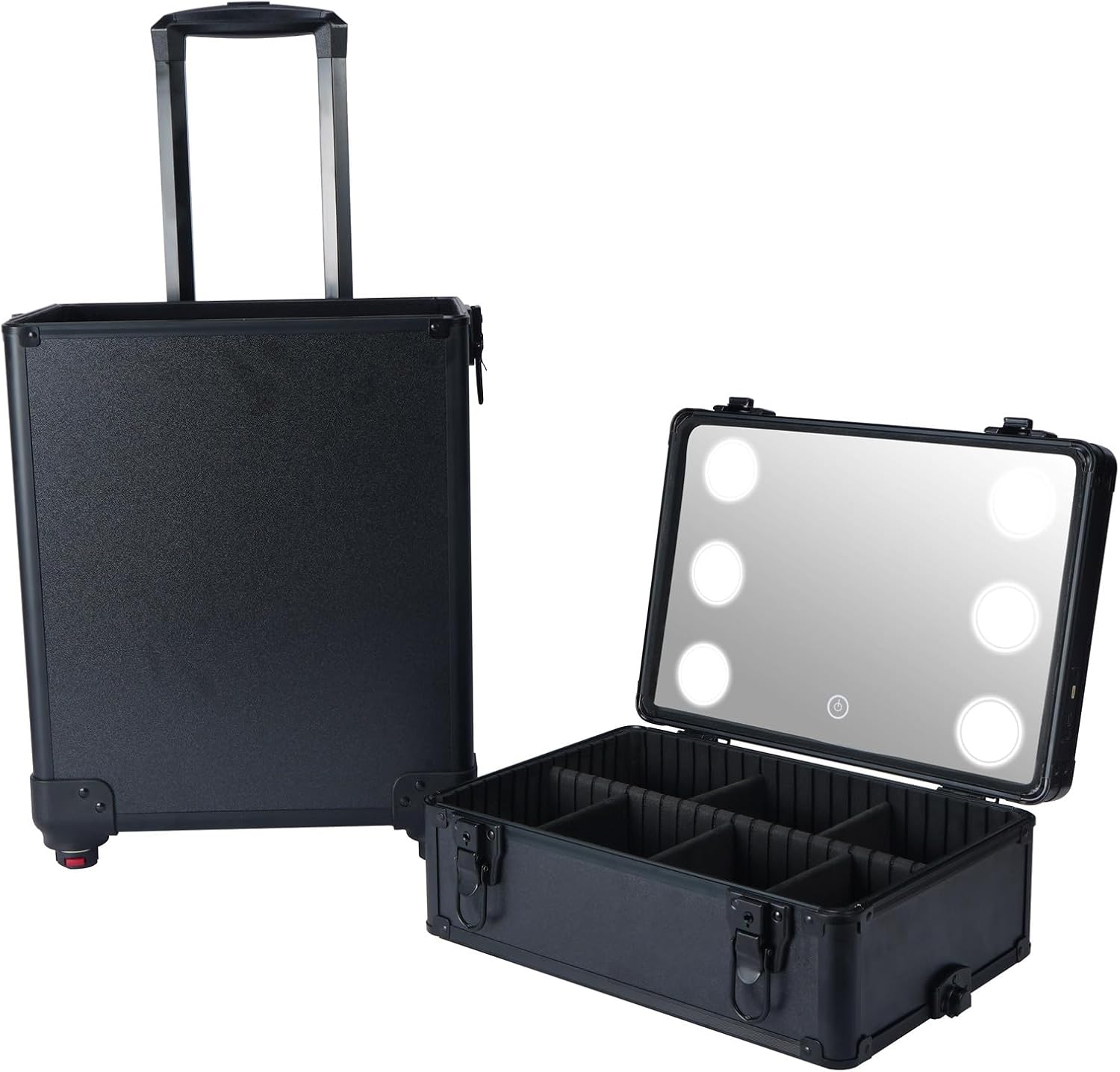 Karl home 4 in 1 Makeup Train Case with 3 Color LED Light Mirror, Rolling Cosmetic Trolley Travel Organizer with Key 360° Swivel Wheels for Beauticians Hairstylists Nail Tech Students, Black