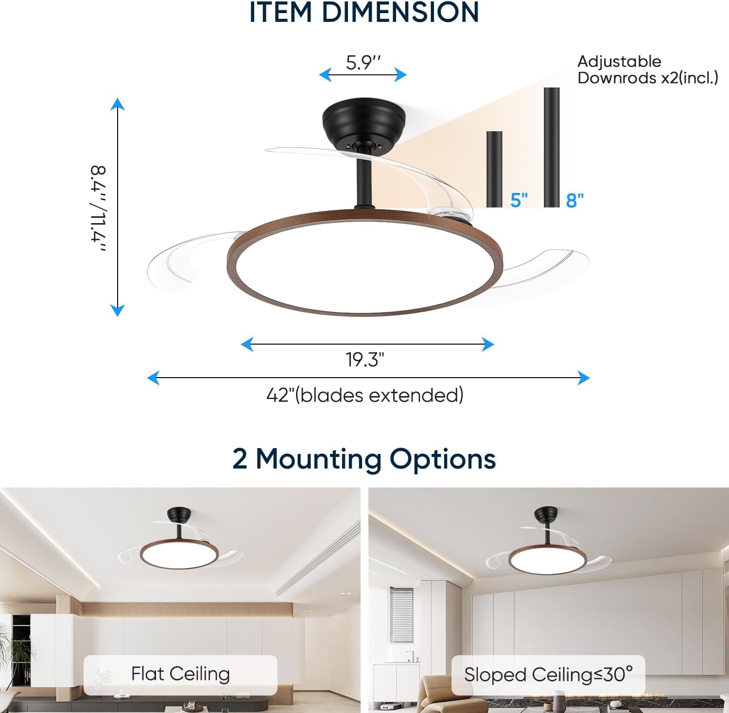 42 Inch Retractable Ceiling Fan with Lights, Fandelier Ceiling Fan for Bedroom Living Room Dinning Room, Chandelier with Fan 6 Speed, 3 Color Temperature, Reversible DC Motor-Black
