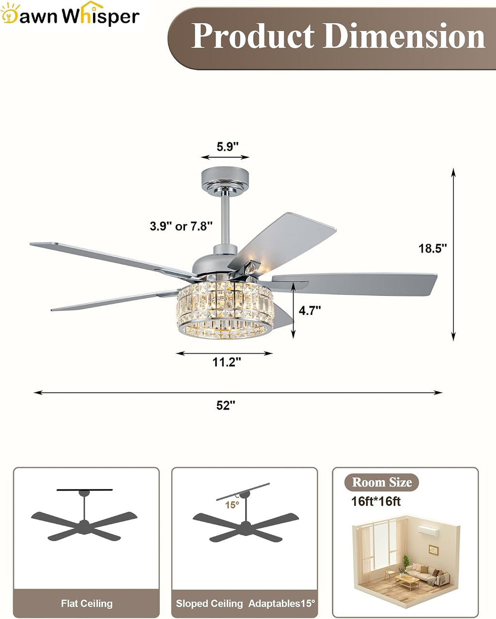 Dawn Whisper 52 Inch Modern Ceiling Fans with Lights Low Profile Silver Crystal Fandelier Ceiling Fans with Remote for Living Room Bedroom Kitchen Quiet Reversible DC Motor 6 Speeds Dual Finish