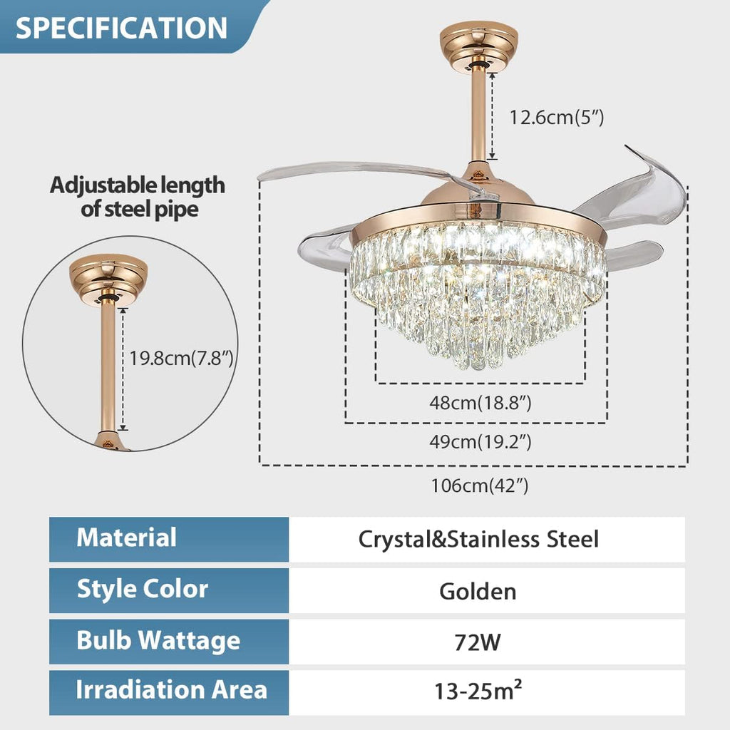 CLAIRDAI 42'' Crystal Fandelier Ceiling Fan with Lights, Dimmable LED Fan with Retractable Blades, Remote, 6-Speed Reversible, Semi Flush Mount for Bedroom Dining Room