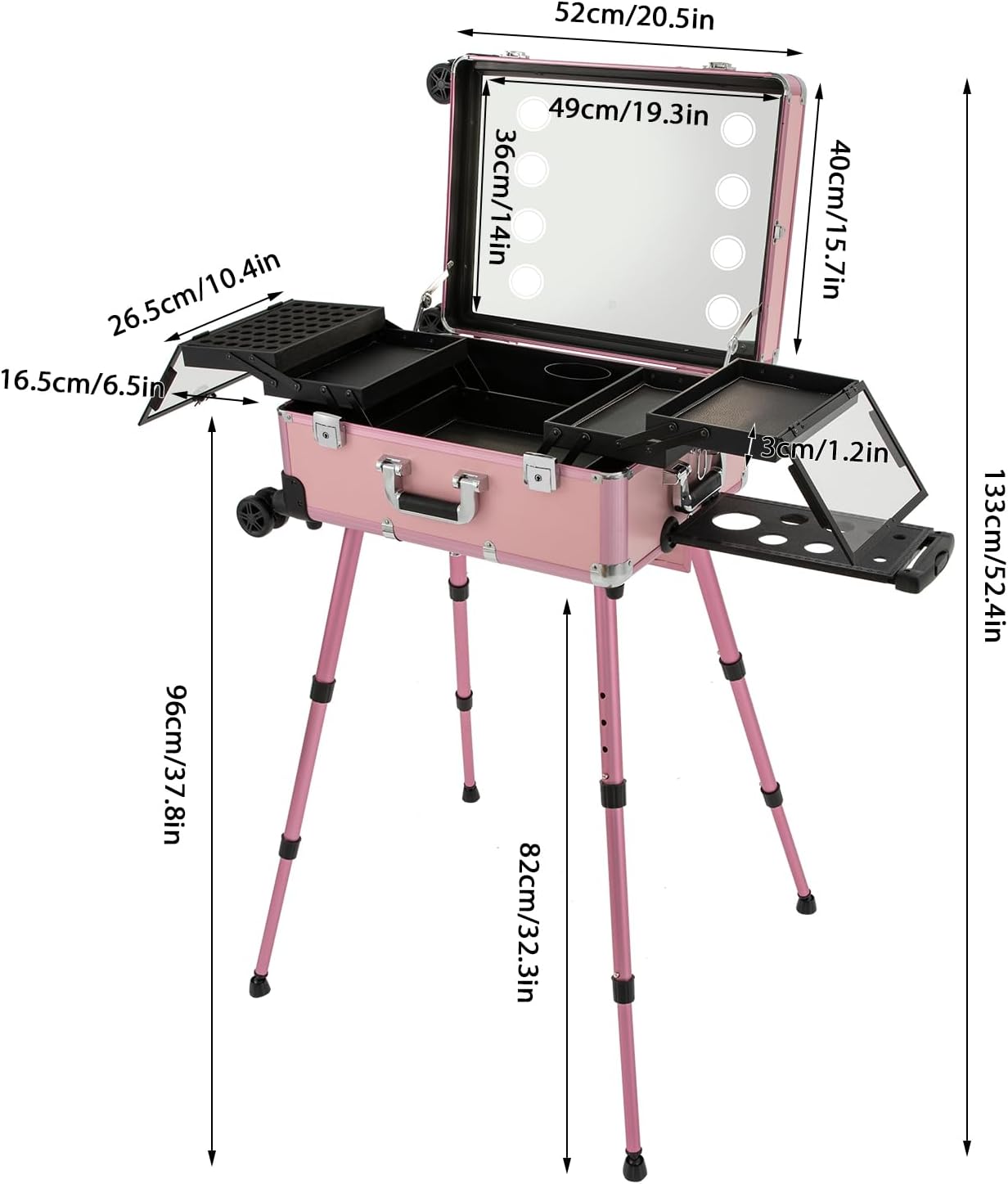 3 Tiers Rolling Makeup Train Case, Portable Makeup Vanity Station 12V Chargeable Cosmetic Trolley Lockable Storage Organizer with LED Light & Mirror & Wheels, Adjustable Height for Travel (Pink)
