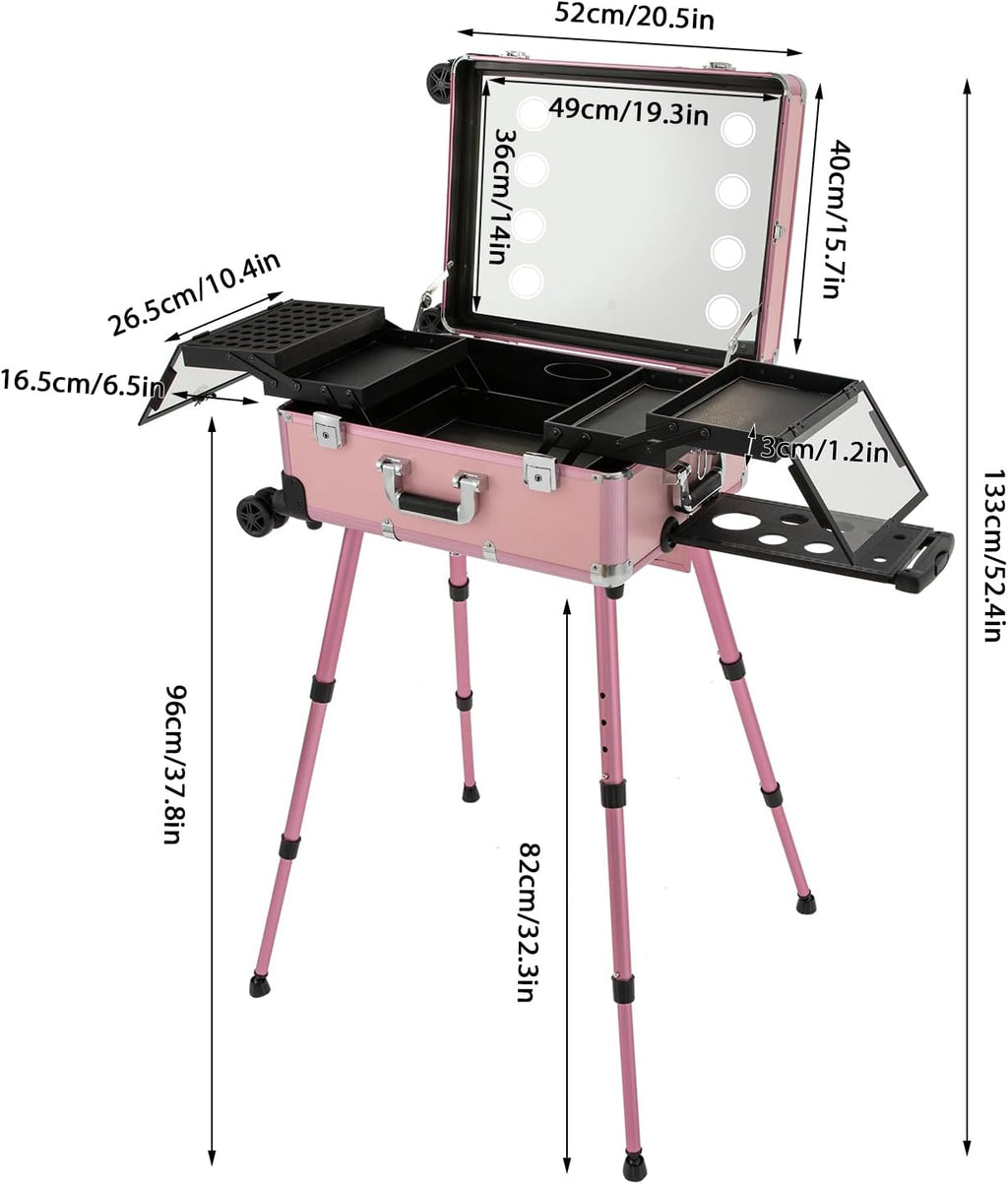 Rolling Makeup Train Case, 21'' Aluminum Trolley Makeup Train Case with LED Light & Adjustable Legs Lighted Makeup Vanity Station with 4 Removable Wheels for Professional Makeup Artists (Rose)