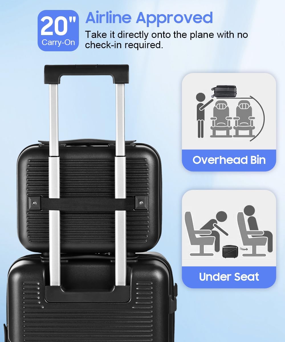 Hard Shell Luggage Set 4 Piece with Spinner Wheels, 20/24/28 Inch Suitcases with TSA Lock, 20in Carry On with Front Laptop Pocket & USB Port, Travel Suitcase Set with Cosmetic Case