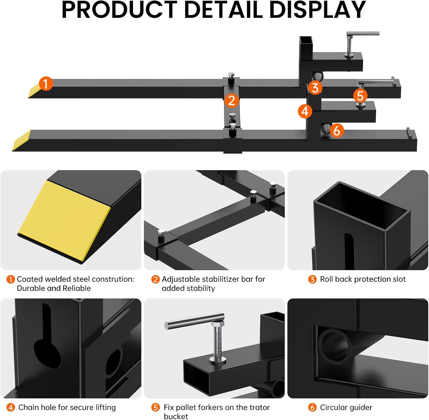 60' Heavy Duty Clamp-On Pallet Forks for Tractor Loader Bucket – 4000 lbs Capacity, Adjustable Stabilizer Bar, Skid Steer Compatible, Ideal for Material Handling