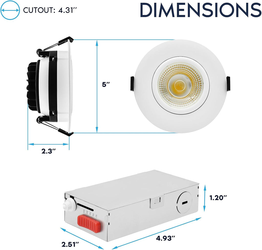 LUXRITE 4-Inch Gimbal LED Recessed Lighting, 5 Color Selectable 2700K-5000K, 15 Watts, 1250 Lumens, Adjustable 360º + 30º Swivel Spotlight, Dimmable, CRI90, IC & Wet Rated, ETL, White (4 Pack)
