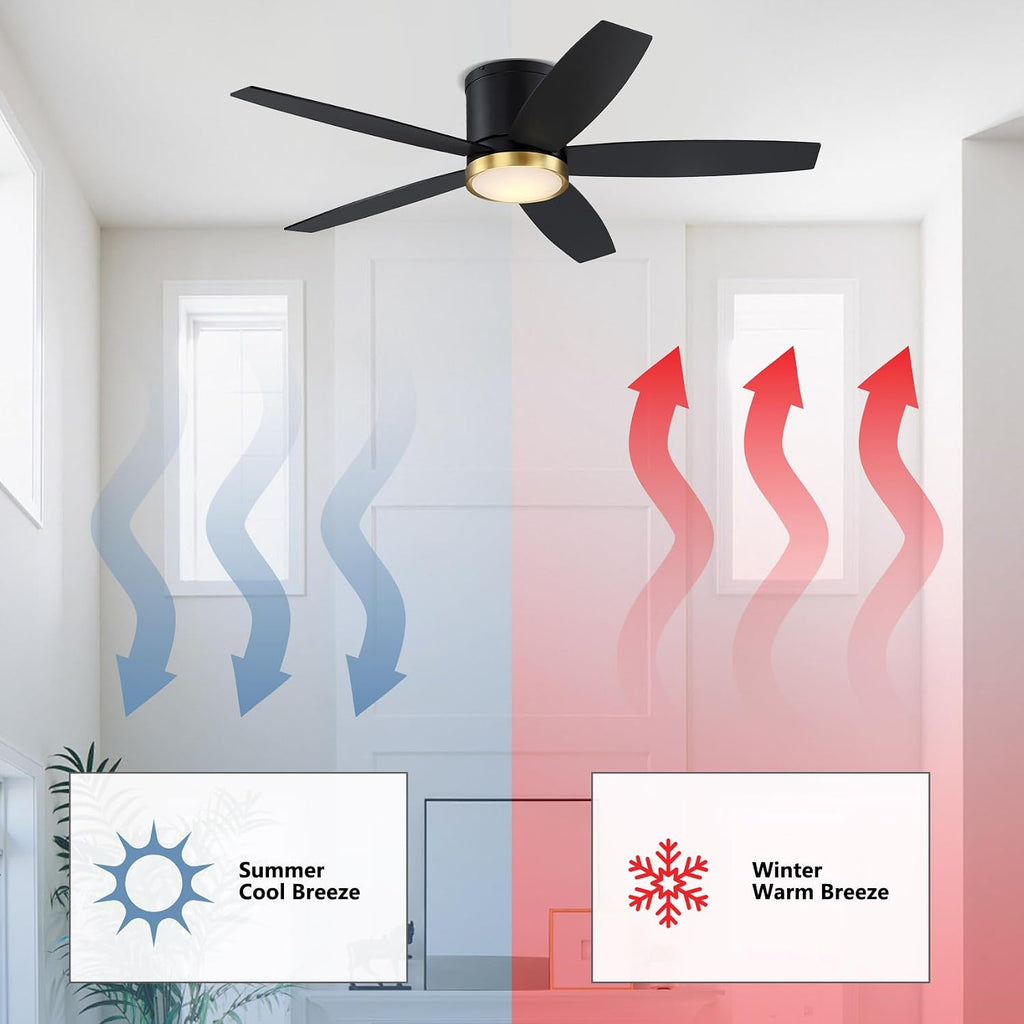 52 Inch Low Profile Ceiling Fan with Light and Remote, Black and Gold Flush Mount Ceiling Fan with Light, Indoor Modern Hugger Fan with Light Fixture and Timer Setting, 3CCT, Bedroom, Dining Room