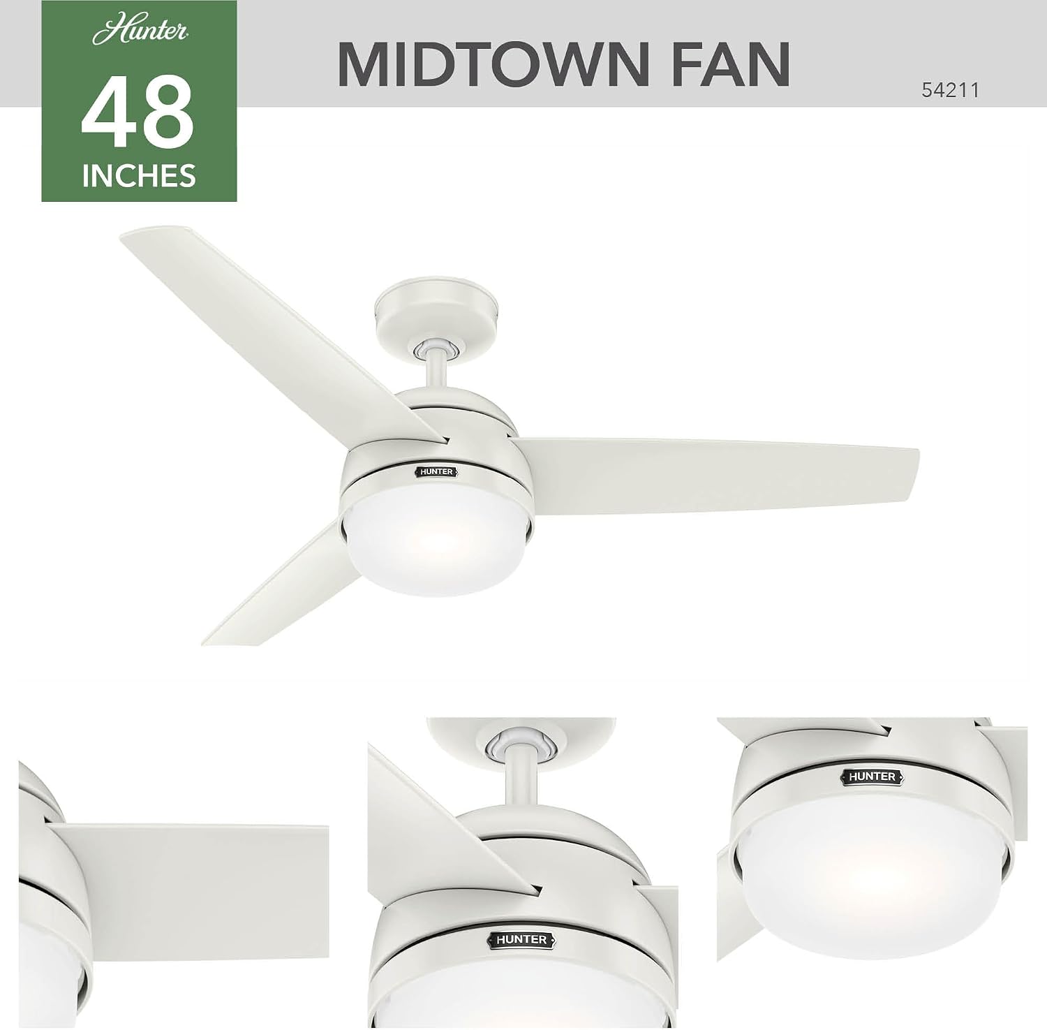 Hunter 48 inch Indoor Ceiling Fan with LED Light and Remote Control - White Ceiling Fan, Standard Mount, 3 Blades, For Bedroom, Living Room, or Kitchen, Quiet - Midtown 54211, Fresh White