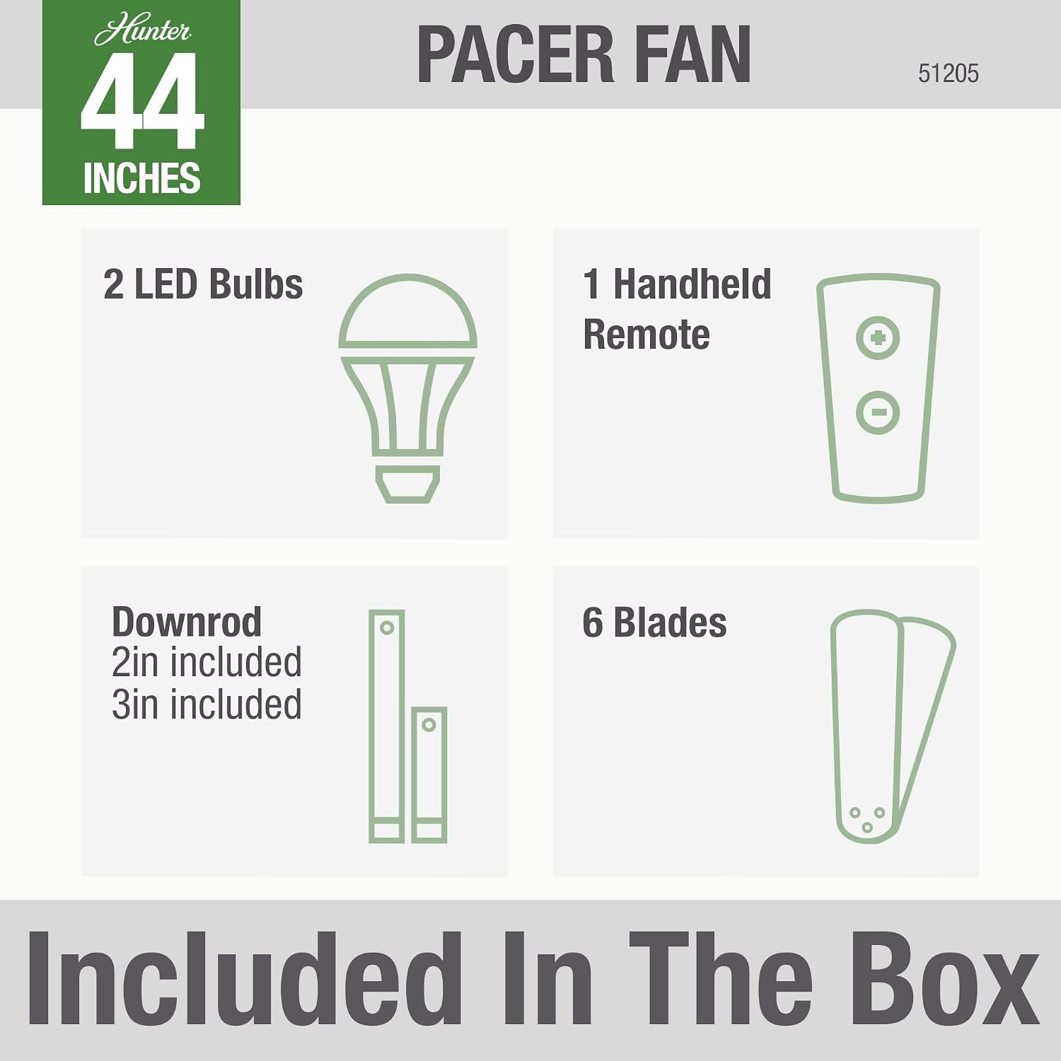 Hunter 44 inch Indoor Ceiling Fan with LED Light and Remote Control - White Ceiling Fan, Standard Mount, 6 Blades, For Bedroom, Living Room, or Kitchen, Quiet - Pacer 51205, Fresh White