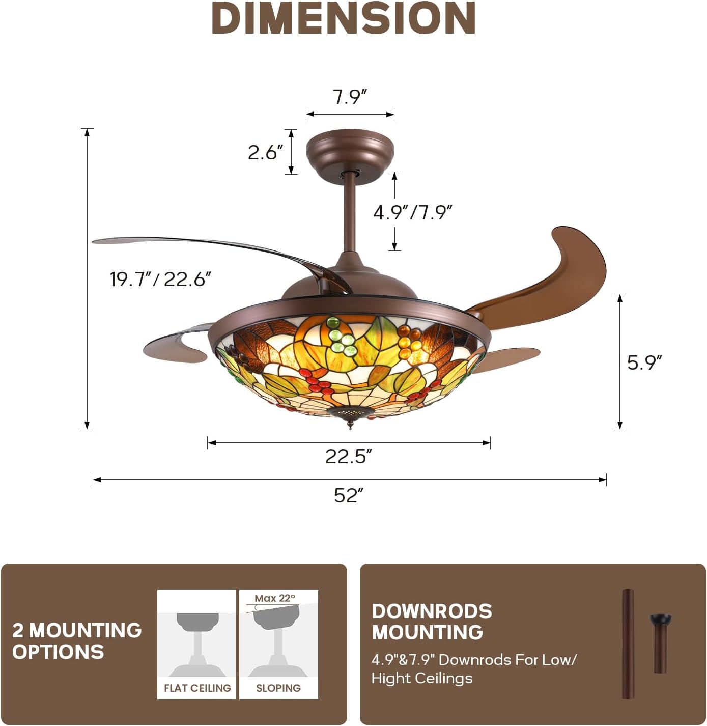 52 inch Tiffany Ceiling Fan with Light Stained Glass Fandelier with Retractable Blades 52' Vintage Ceiling Fan Light Dimmable LED Fandelier for Bedroom and Living Room