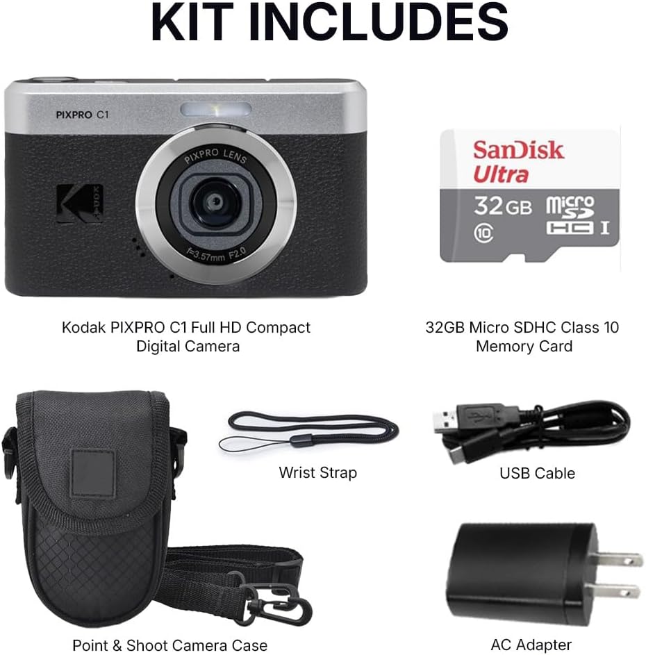 Kodak PIXPRO C1 Digital Camera, 13MP Compact Point & Shoot, 2.8″ 180° Flip LCD Screen, 26mm Wide Angle Lens, 4X Digital Zoom, 1080P Full HD Video, Black + Camera Case & 32GB Micro SD Card