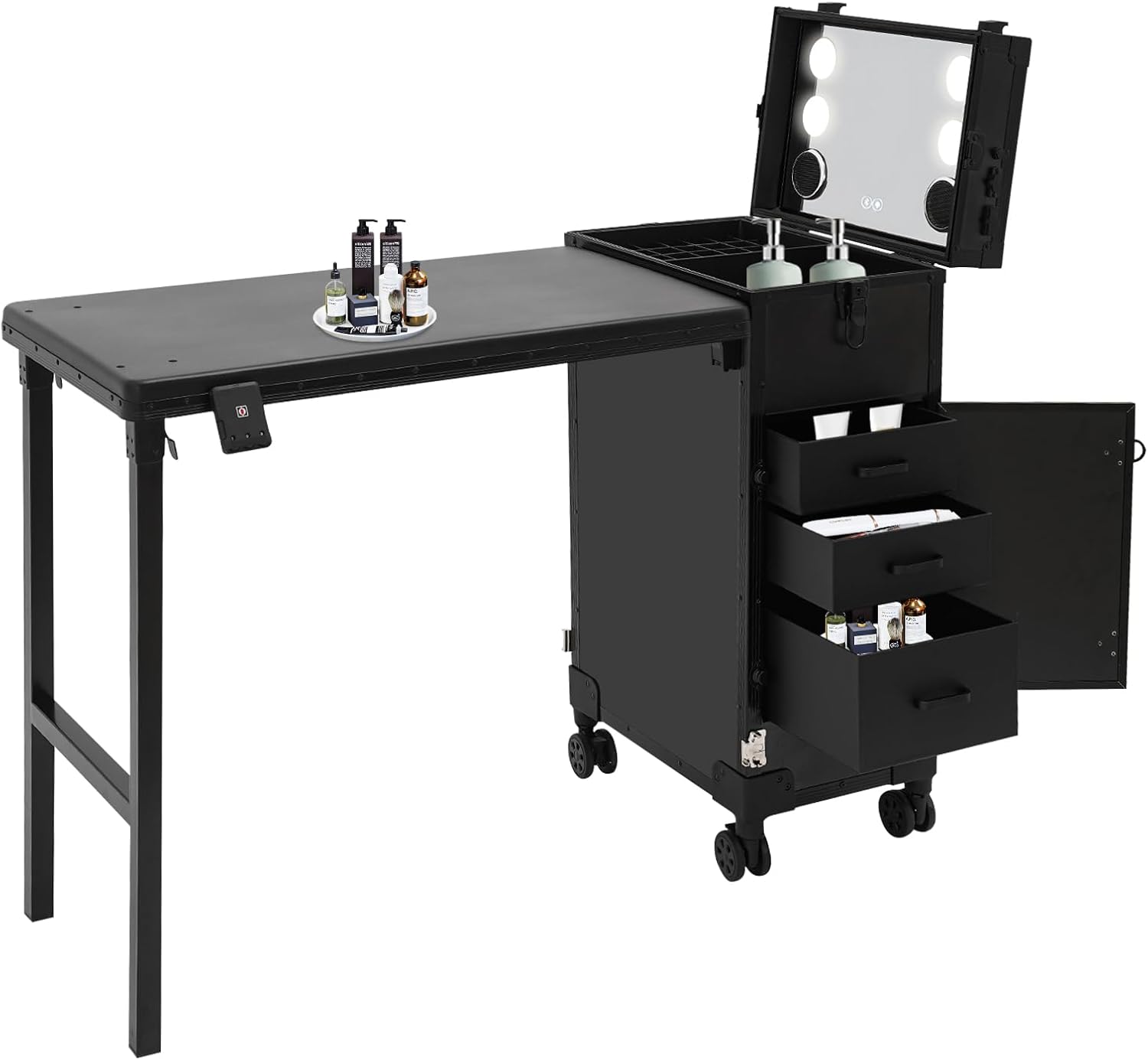 Professional Rolling Makeup Case, Foldable Nail Tables with Detachable Lighted Mirror, Travel Cosmetic Trolley Storage Organizer with Drawers & Bluetooth Speaker, Manicure for Artist (Black)