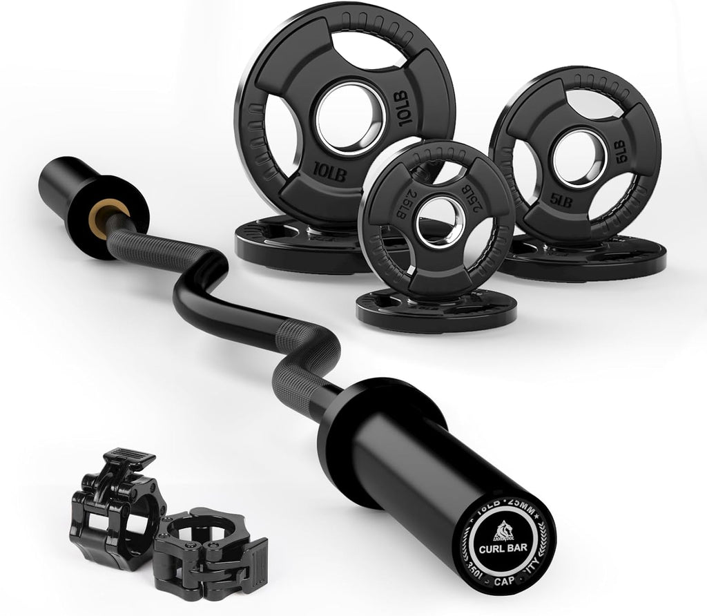 LIONSCOOL EZ Curl Bar Weight Set, 2 Inch Easy Curl Barbell with Weight Plates for Strength Training, Olympic Weightlifting, Squats, Curls, Deadlifts, Presses, Hip Thrusts, 350lbs/700lbs Weight Capacity