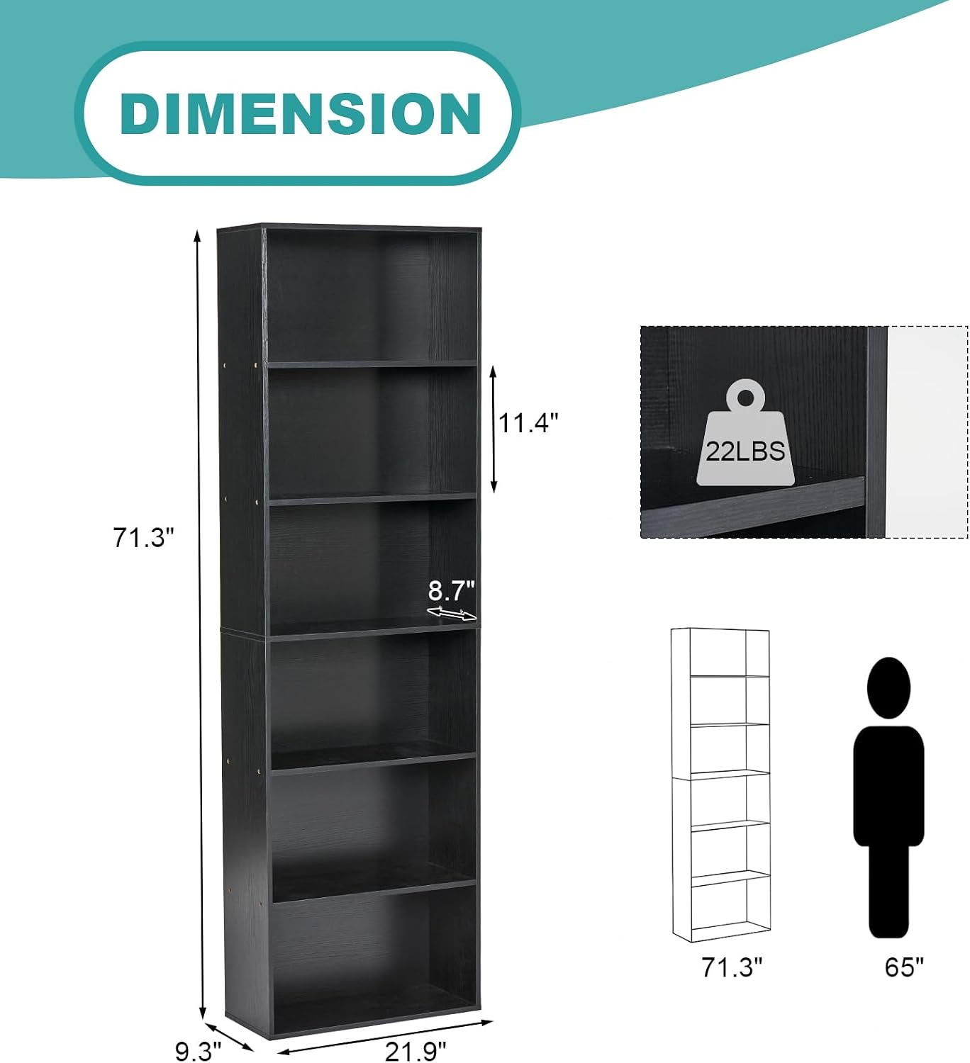 71.5' Tall Bookshelves and Bookcases Set of 2, 6 Tier Display Storage Shelves Home Decor Furniture for Home Office, Living Room, Bed Room (Black, 21.9' Wide)