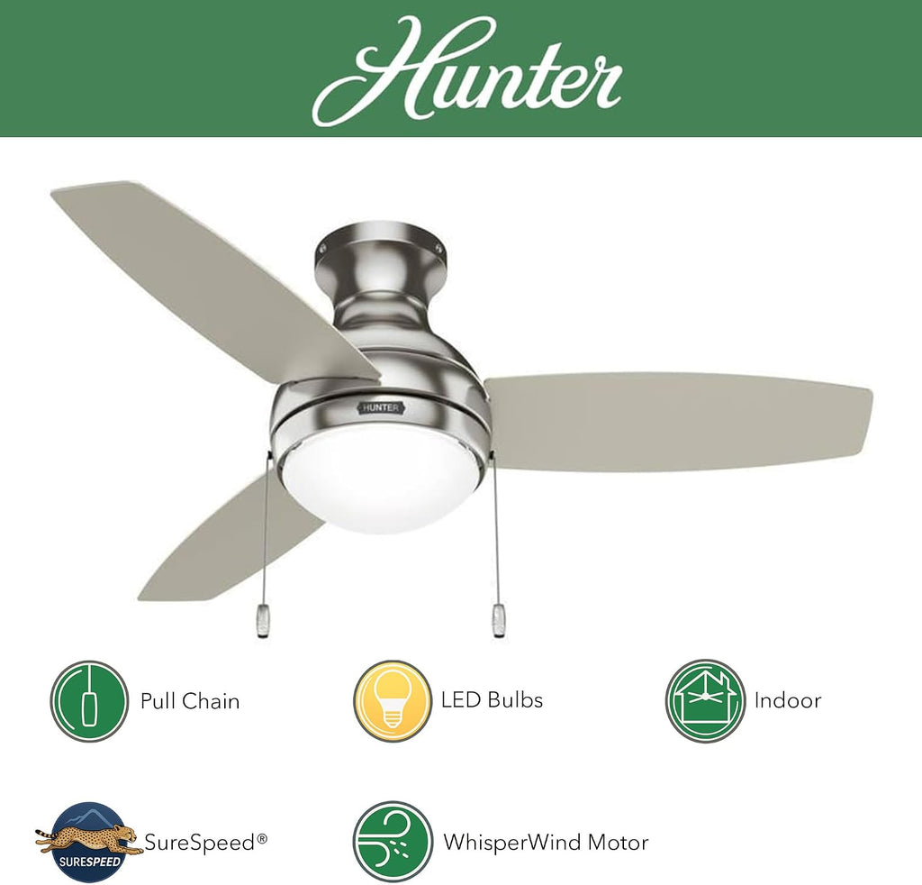 Hunter Fan 44 inch Indoor Ceiling Fan with Light, Brushed Nickel Ceiling Fan with Pull Chain, 3 Blades for Kids Room, Bedroom, Office or Kitchen (Renewed)