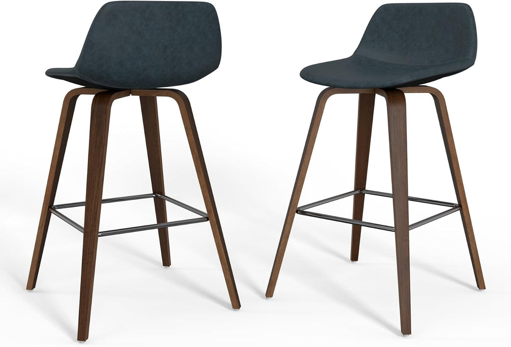 SIMPLIHOME Randolph Counter Stools (Set of 2) - 28 Inch Seat Height Upholstered Bentwood Kitchen Seats in Distressed Blue Vegan Faux Leather, Mid Century Seating with Curved Backrest and Footrest